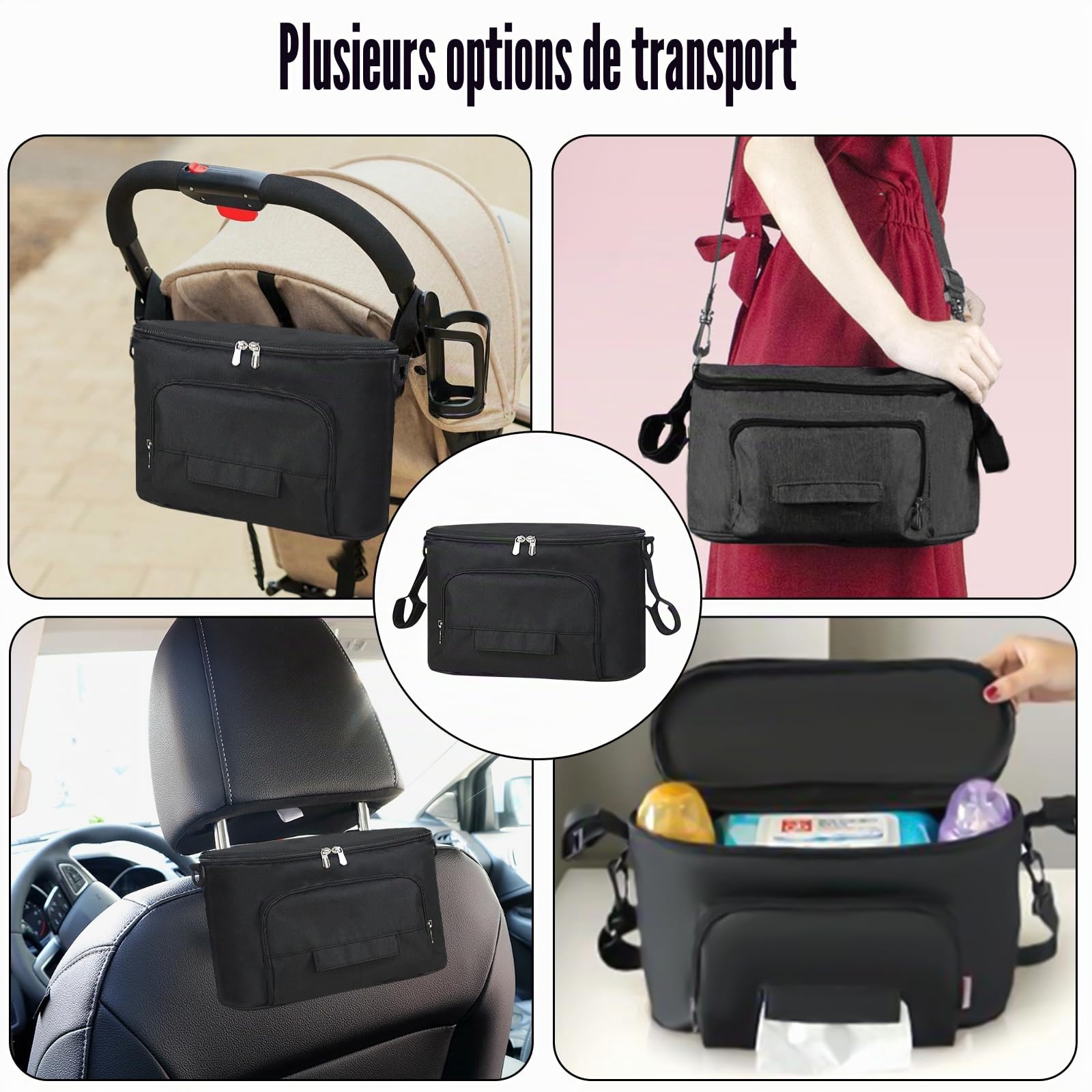 Organisateur Poussette Universel Imperméable Sac de Rangement pour Poussette en Oxford avec 2 Porte Gobelets Isothermes et Bandoulière Réglable Idéal pour Biberons, Couches et Accessoires Bébé (Noir)