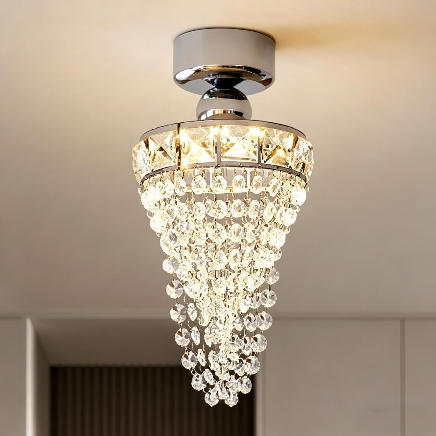 Small Crystal Chandelier Silver, Mini Small Ceiling Light Fixture, Modern K9 Crystal Flush Mount Ceiling Light for Dining Room, Bathroom & Hallway