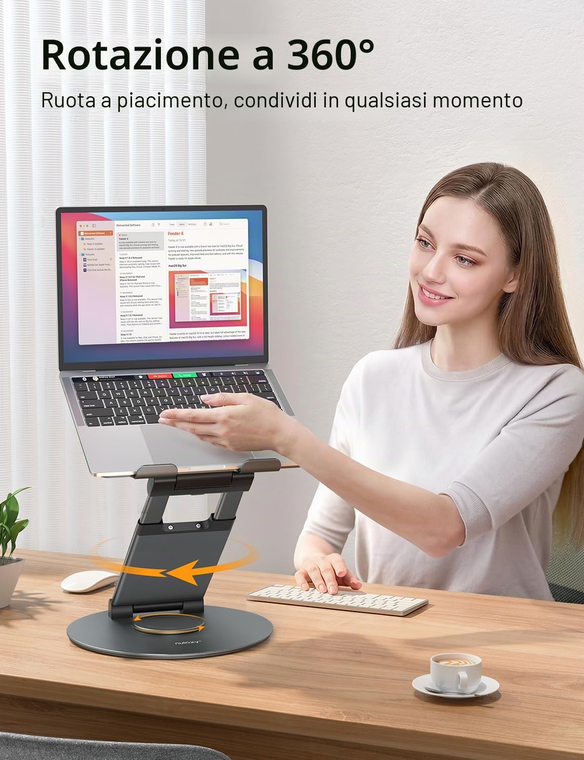 NULAXY Supporto per scrivania regolabile per computer portatile con base girevole a 360°, supporto ergonomico per computer portatile, adatto per tutti i laptop da 10 a 17 pollici, grigio