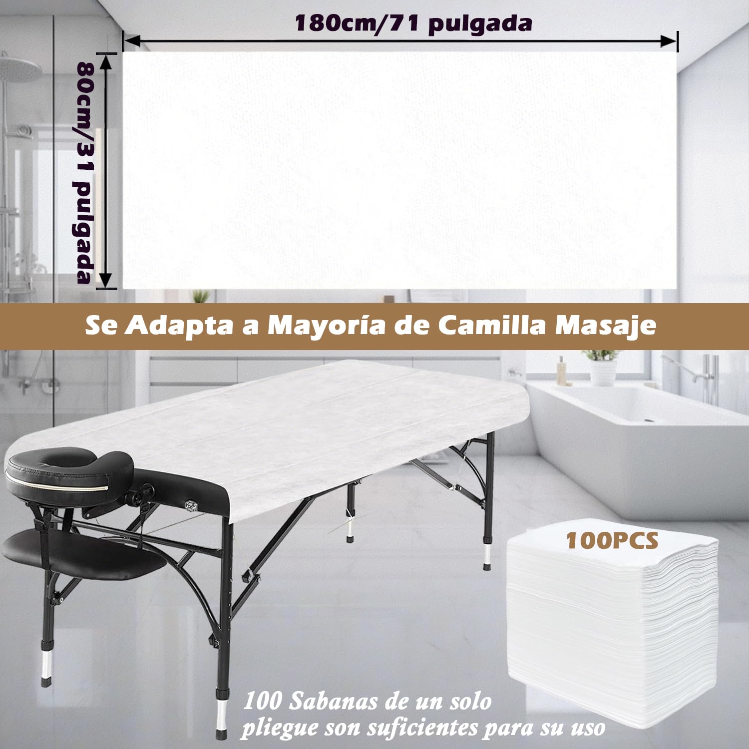 100 PCS Sabanas Desechables Camilla Masaje, 80x180cm Sábanas Desechables No Tejidas, Transpirable TNT Toallas Desechables para Masajes Salón de Belleza Spa Tatuaje Camas de Hospital, Blanco
