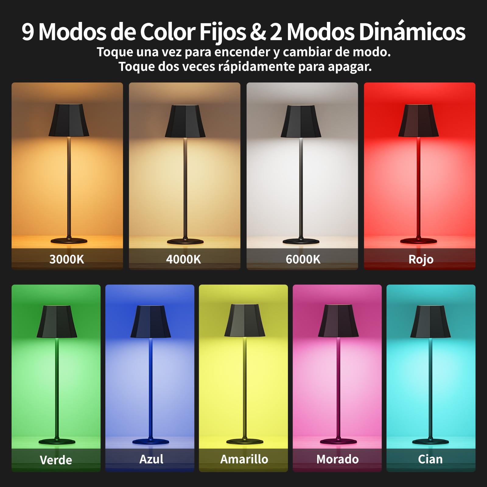 Suright Lámpara de Mesa Sin Cable con 3 Temperaturas de Color+RGB, Lámpara de Noche Recargable Brillo Ajustable, 2 Alturas Ajustables, IP54 Impermeable para Dormitorio, Sala, Restaurante, Camping