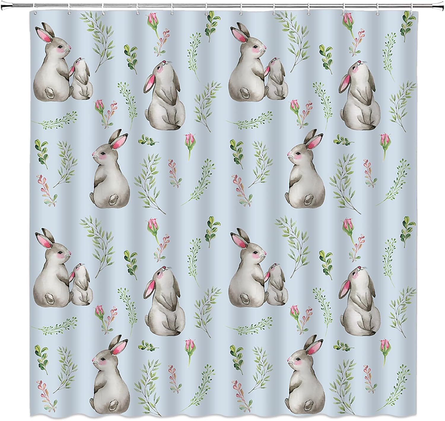 AMFD Happy Easter Shower Curtain Funny Rabbit Watercolor Floral Green Leaves Spring Garden Farmhouse Festival Rustic Bathroom Curtains Decor Polyester Fabric Include Hooks,(70" Wx74.8 H)