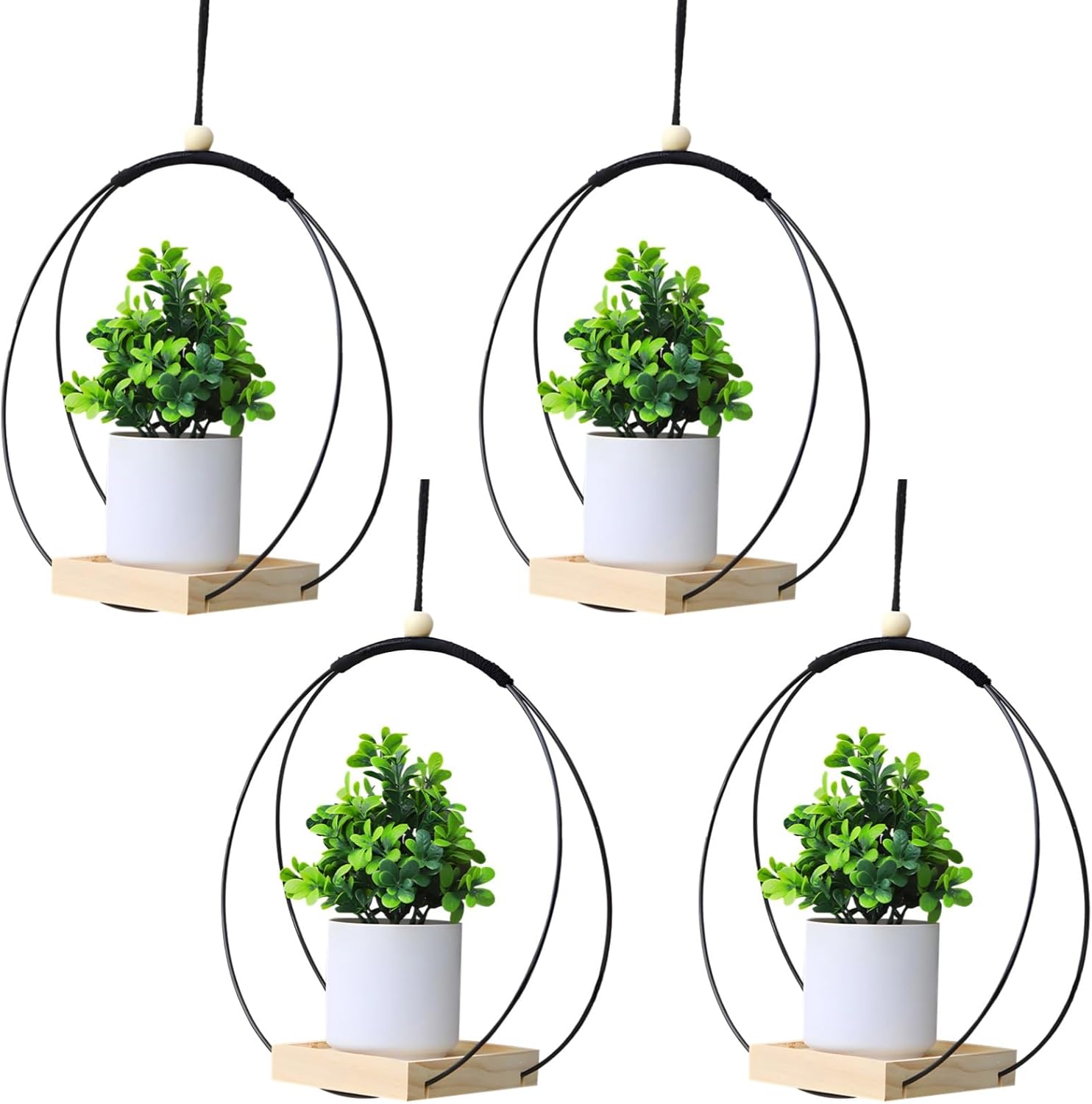 4 Pcs Plant Hanger with Wood Base, Hanging Window Planter, Boho Nordic Style, Ideal for Home and Balcony Decoration, Black