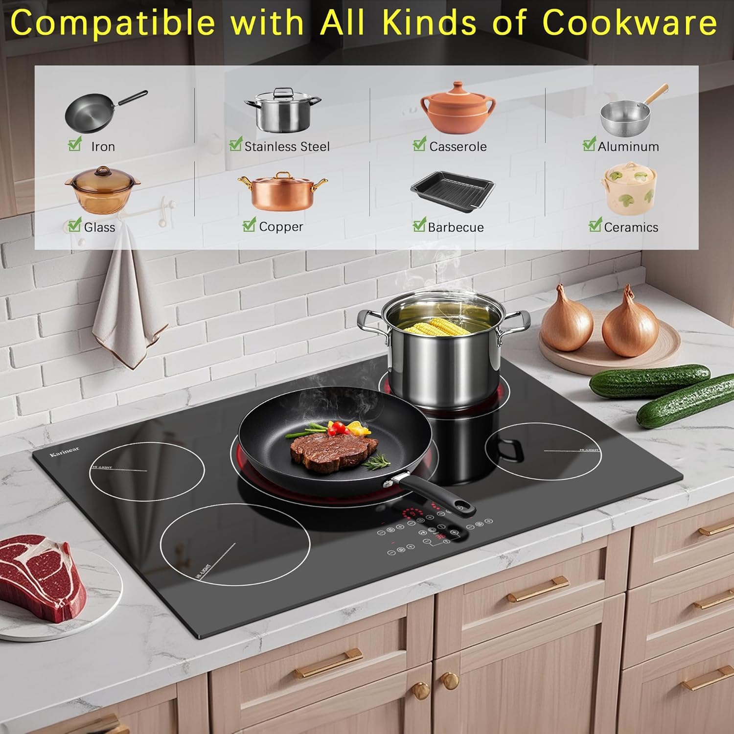 Karinear Glaskeramikkochfeld 5 Platten, 5 Herdplatten Kochfeld mit erweiterbarer Doppelzone, 8700W, 77CM Autarkes Kochfelder Keramik, Unabhängige Touch-Steuerung, Digitalanzeige, 40A, 240V