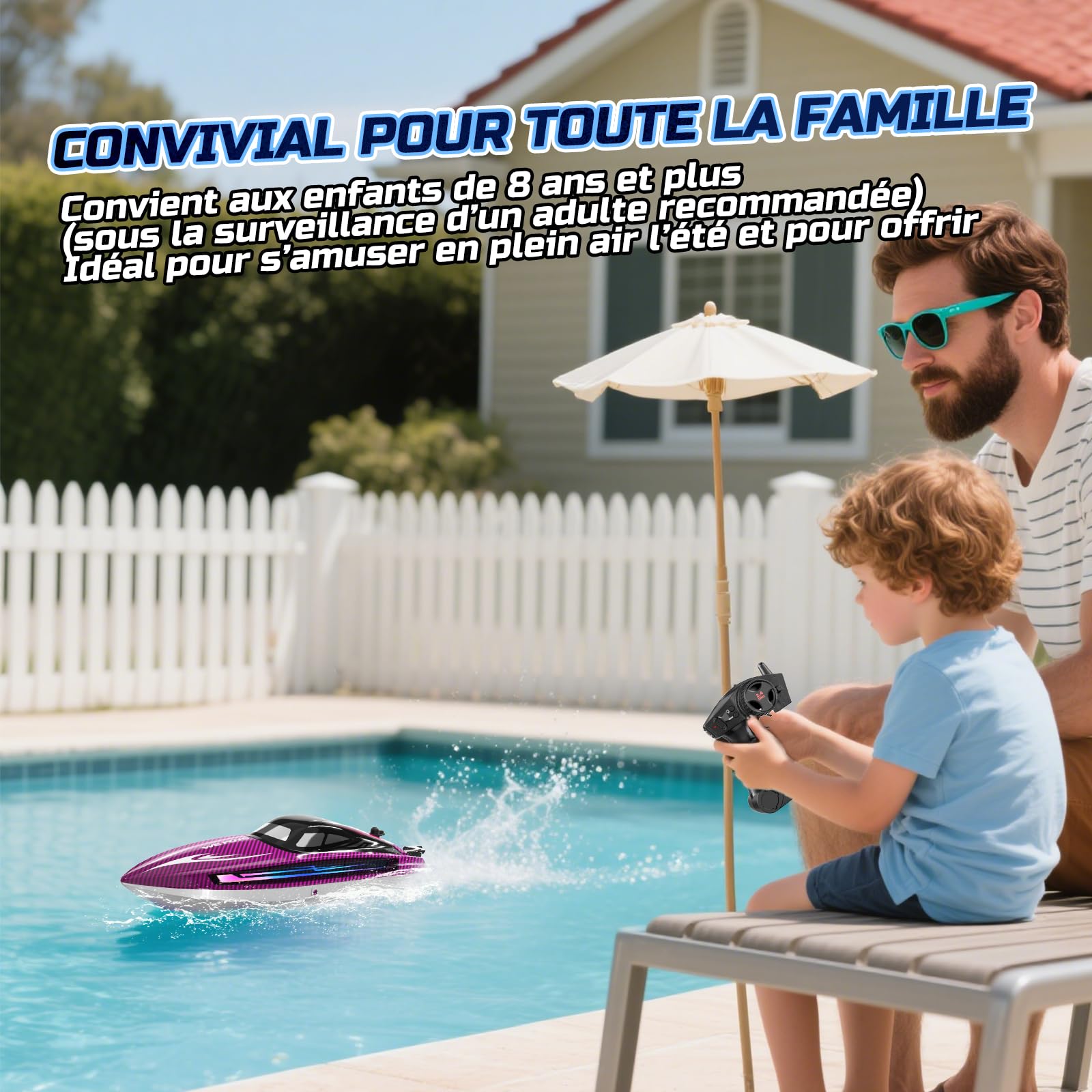 WeFone Barco RC de Alta Velocidad para Niños y Adultos, Más de 15 mph, Lancha Teledirigida con Luces LED, Autoenderezable, Modo Demo, Impermeable, Piscinas y Lagos, 2 Baterías 40 Min, Morado