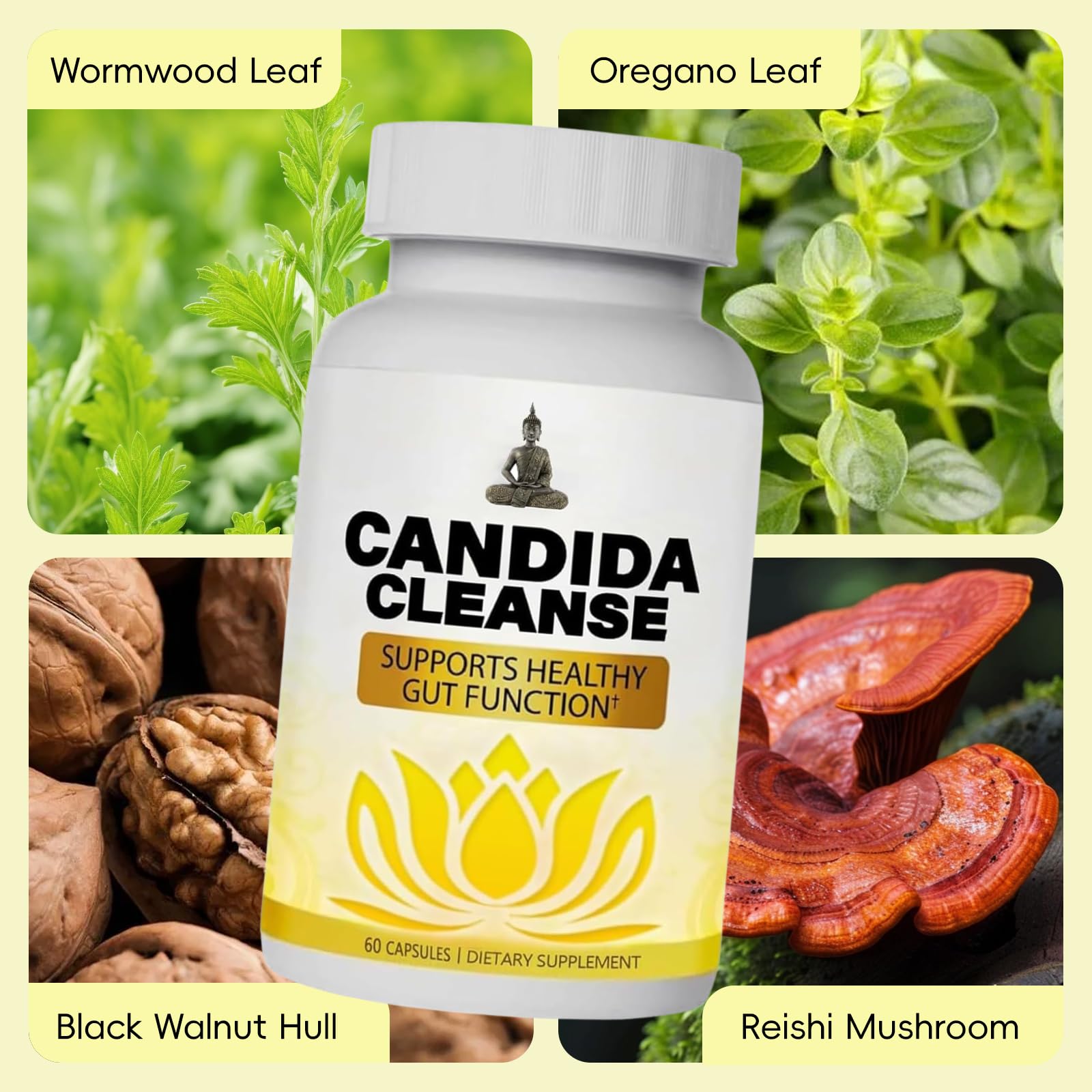 Candida Cleanse, Gut & Colon Support, Advanced Probiotic & Herbal Formula, Oregano Leaf, Wormwood, Black Walnut, Caprylic Acid-1 for Men & Women, 60 Capsules (1 Bottle)