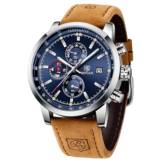 BENYAR Relógios masculinos, movimento de quartzo, pulseira de couro, cronógrafo, moda, negócios, design esportivo, 30 m, à prova d'água, resistente a arranhões, presentes elegantes para homens