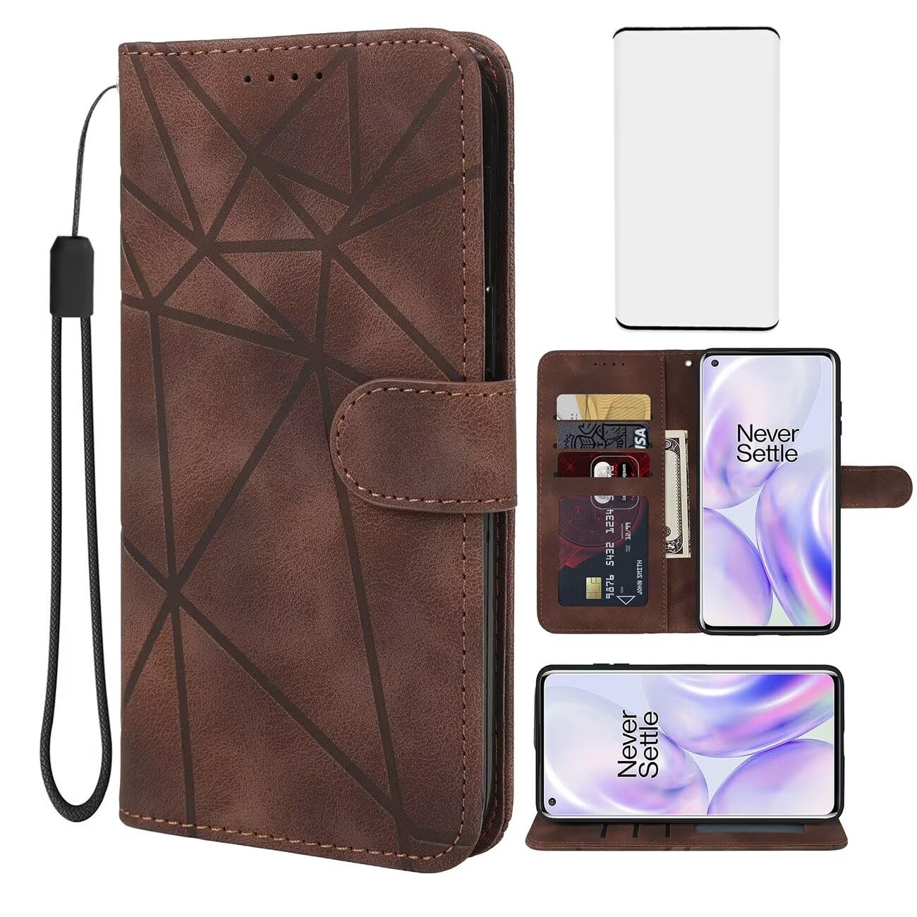 Case for OnePlus 8 Pro Case IN2023 IN2020 Wallet Case with Tempered Glass Screen Protector, Skin Feel PU Leather Flip Folio Credit Card Holder Stand Phone Cover for OnePlus 8 Pro Brown