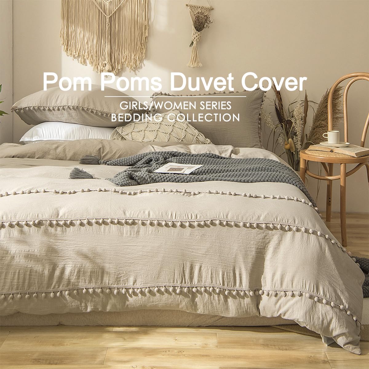 Set Copripiumino Matrimoniale Taupe Bohémien Parure Copripiumino 220x230cm Boho Pompon Boemia Sacco Copripiumino con Frange in Microfibra con Federe 50x75cm, Marrone