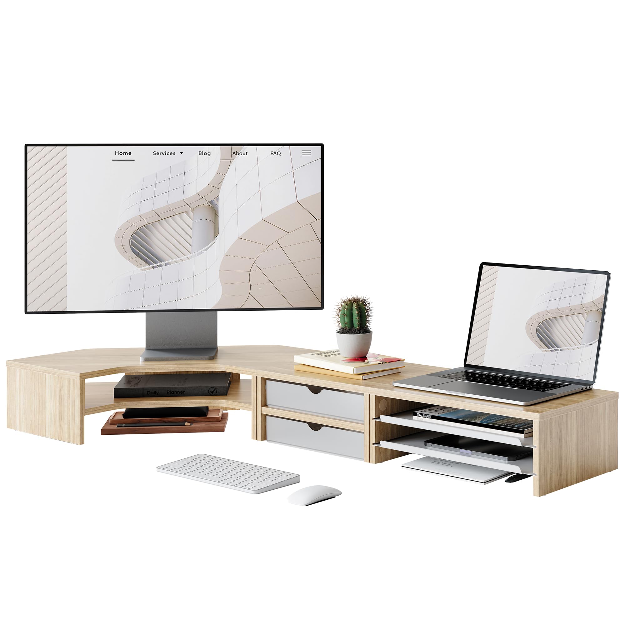 Fenge Monitorständer 3 in 1, Dual Monitor Stand mit Schublade und Ausziehbarem Tablett, L-Förmiger Eck Bildschirmerhöhung, Frei Kombinierbar, Für Home Office, PC, Laptop, Drucker, TV (Eiche)