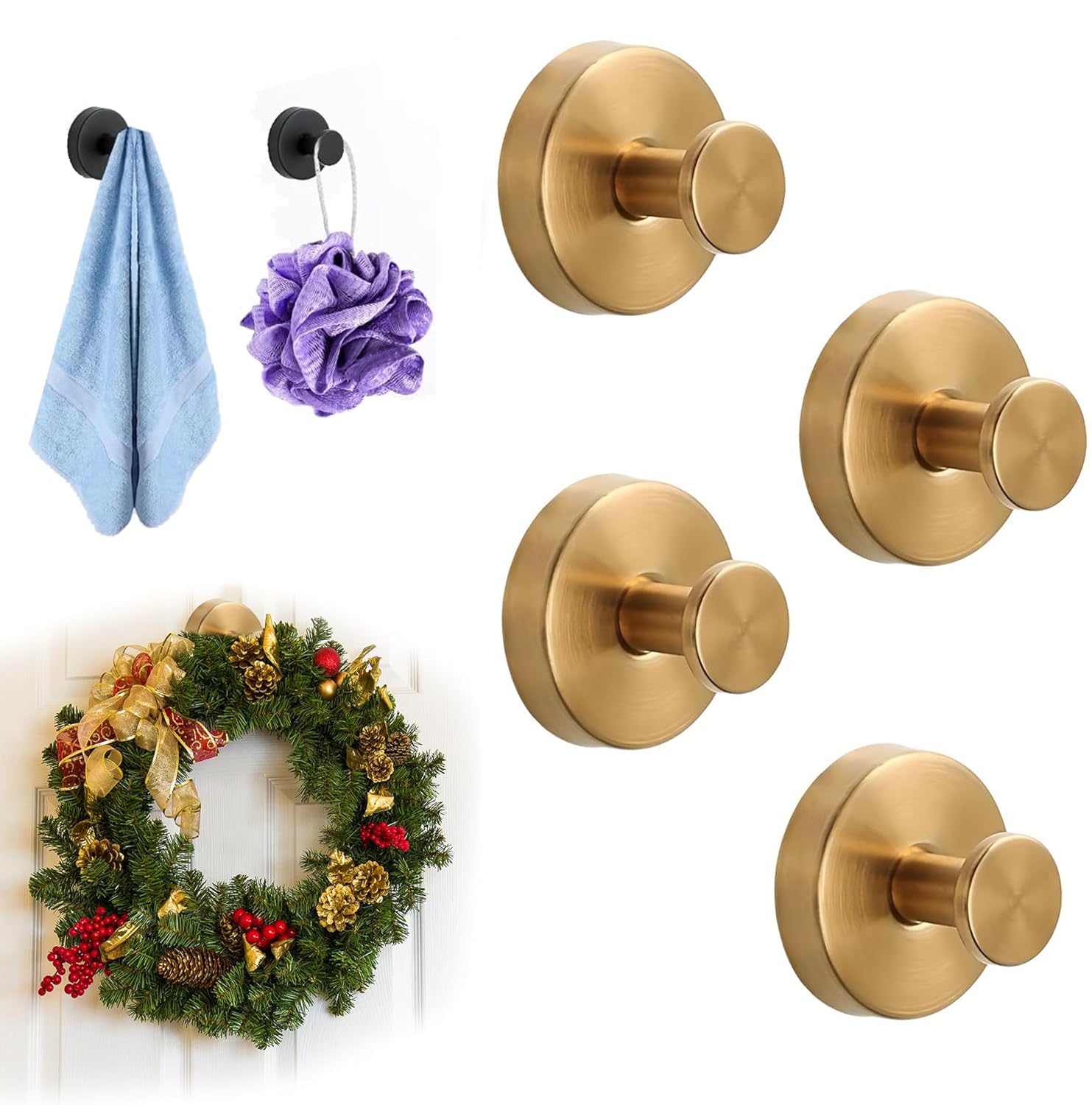 2026 Upgrade Suction Cup Hooks for Wreaths on Glass, Stainless Steel Waterproof No-Drill Suction Cup Hooks, Household Wreath Hanger Holder for Glass Window Door Bathroom Mirrors (Gold, 4PCS)