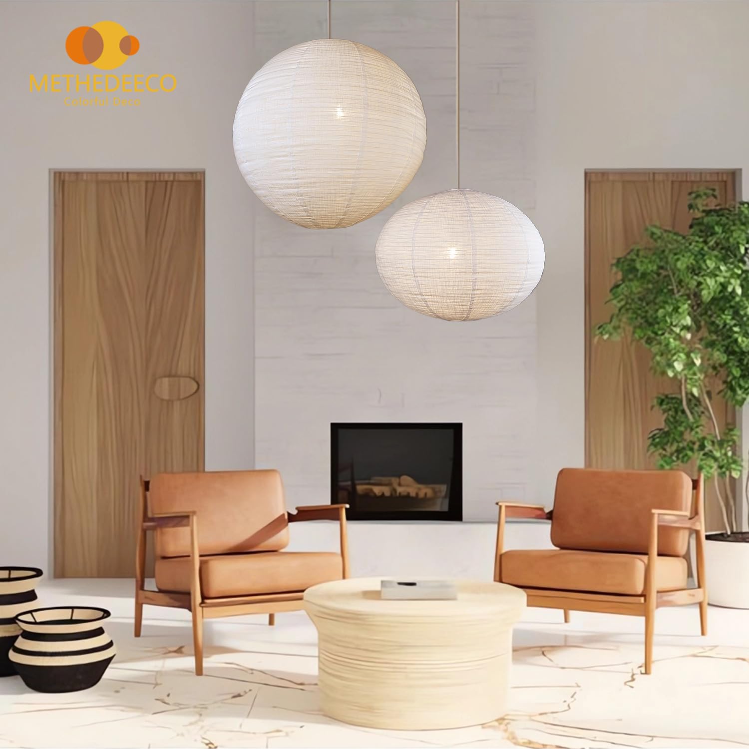 METHEDEECO Pantallas Lámpara Colgante Tela Lino, 62x58cm + 51x38cm | Juego de 2, Redondas, Para salón, comedor y dormitorio, Solo pantalla, sin bombilla ni cable
