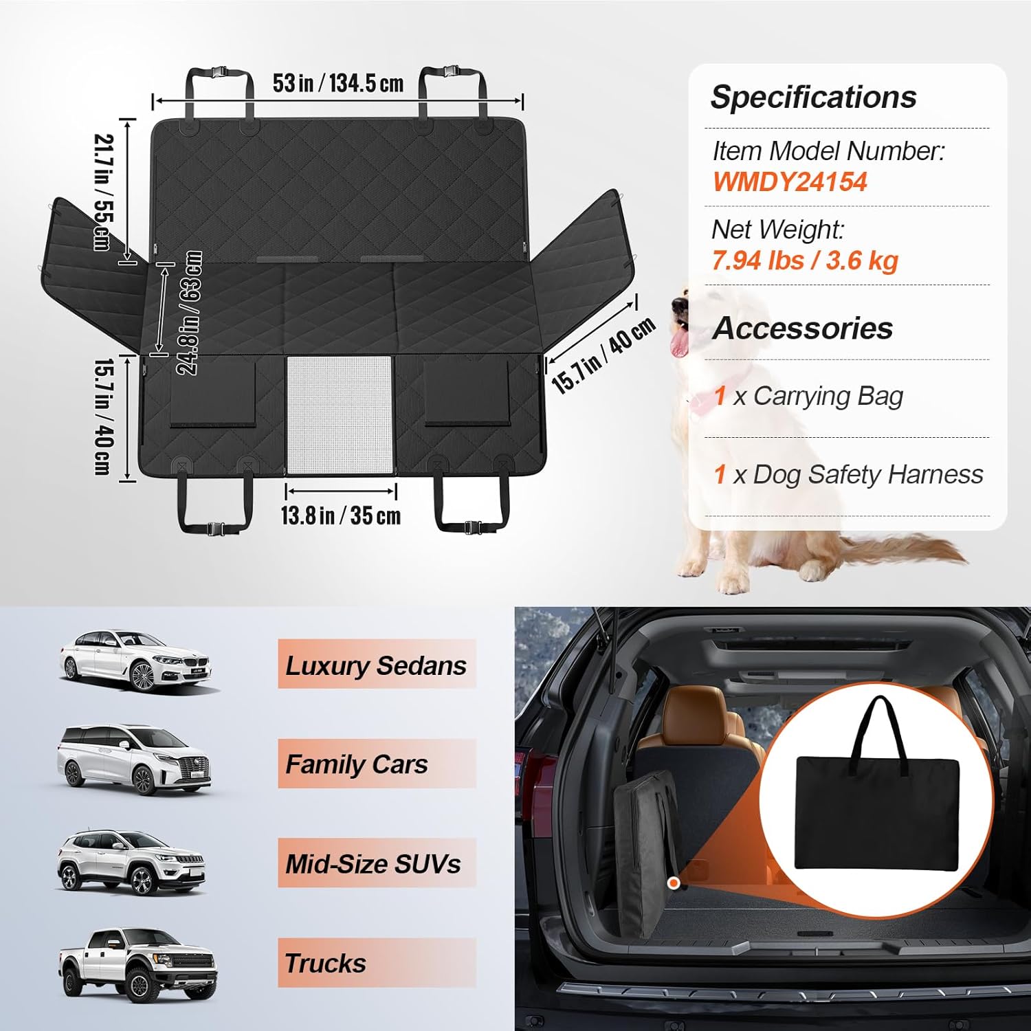 VEVOR Back Seat Extender for Dogs,Hard Bottom Dog Car Seat Cover for Back Seat Holds 350 lbs, Backseat Extender for Dogs, Waterproof Dog Hammock for Car, SUV, Truck for Car Bed 53"x24.8"