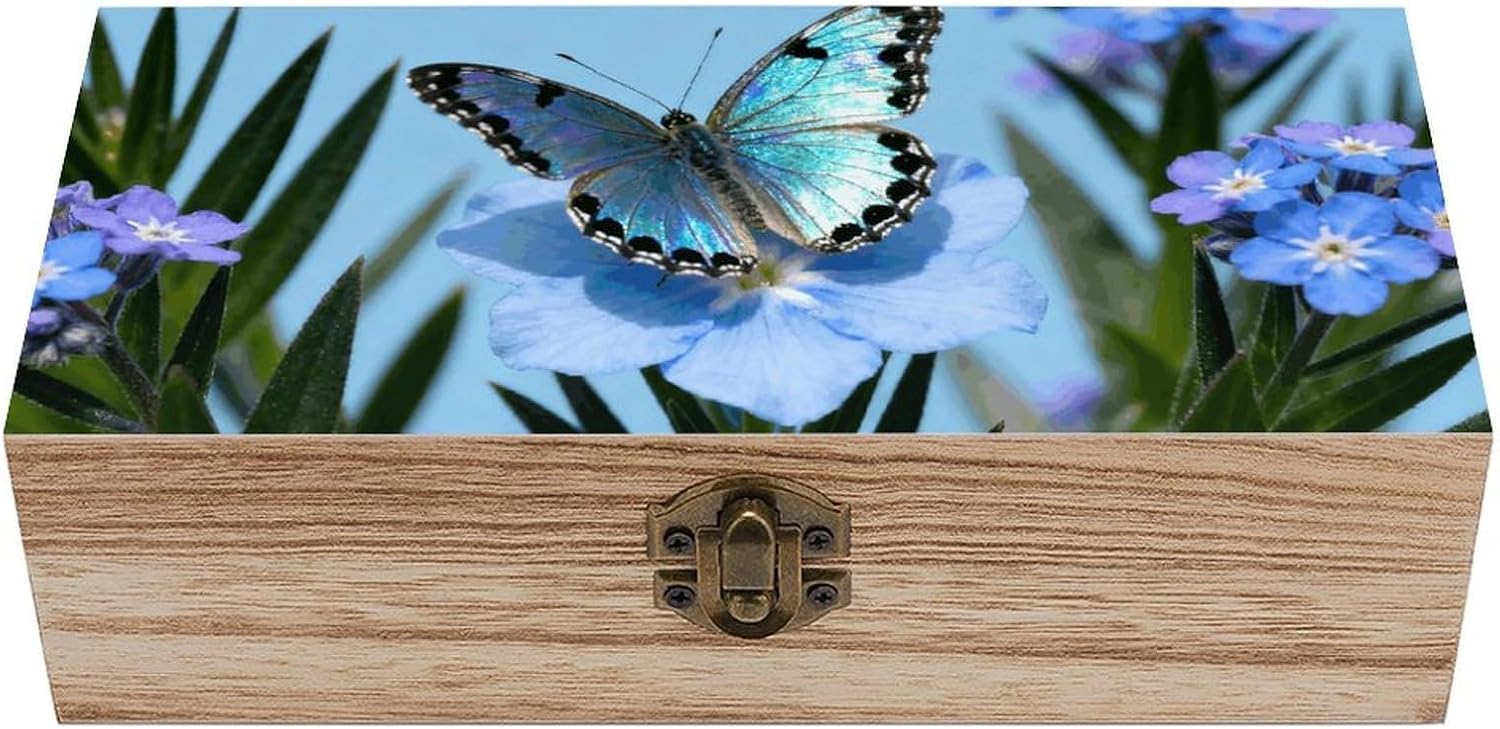 Vintage Wooden Storage Box with Hinged Lid, Peacock Butterfly