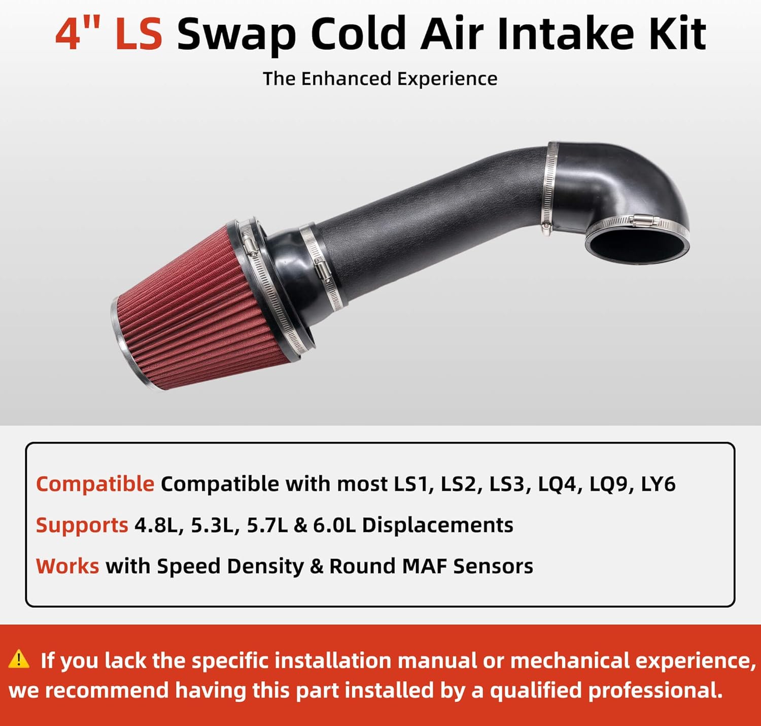 4'' LS Swap Cold Air Intake Kit, Compatible with LS1 LS2 LSX LQ4 LQ9 Engines, Compatible with Restomod A-Body & G-Body, Camaro, Chevelle, GTO, Monte Carlo, Caprice