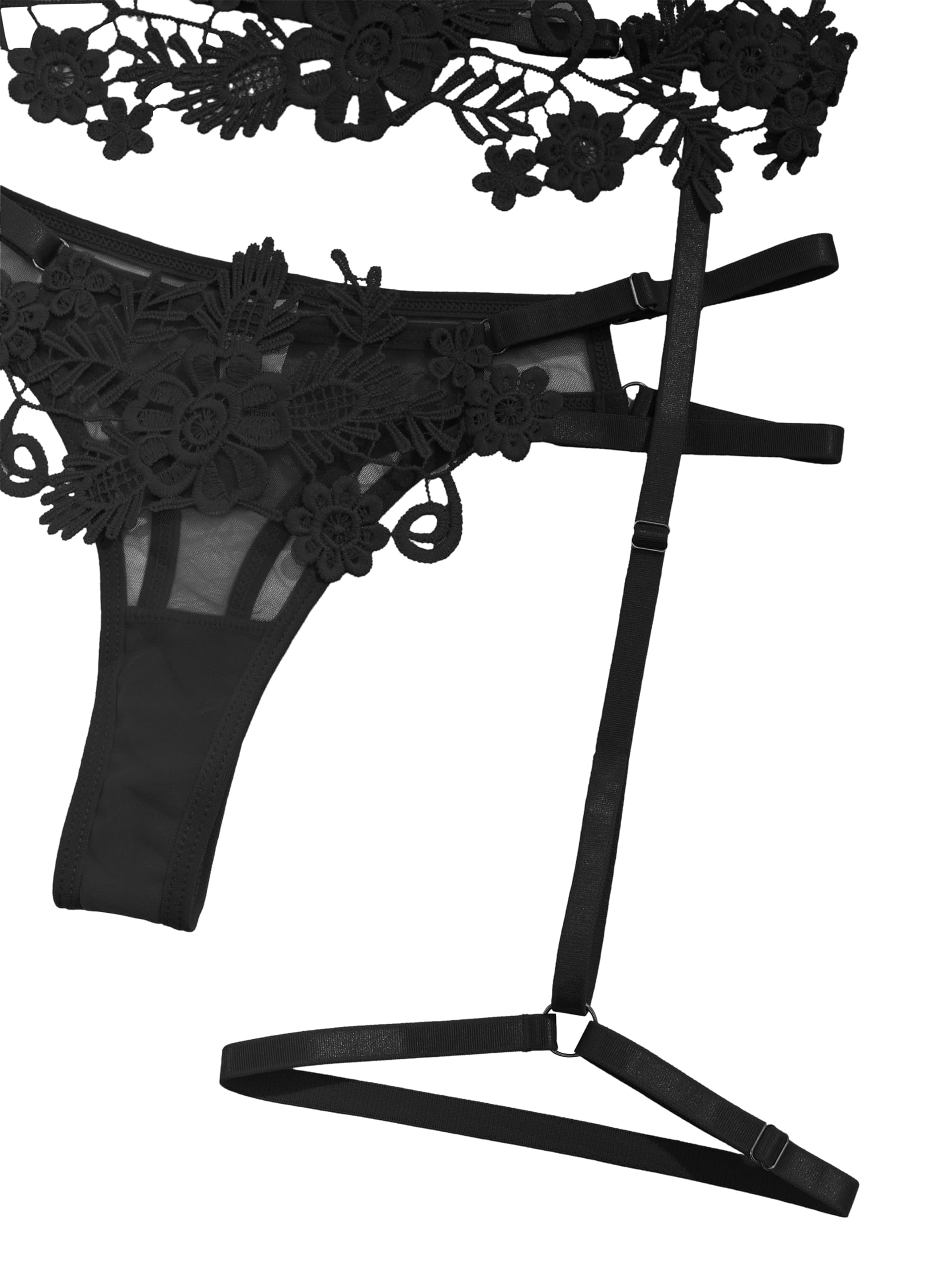 Lilosy Sexy Cute Applique Embroidered Underwire Push Up Garter Belt Chocker Lingerie Set