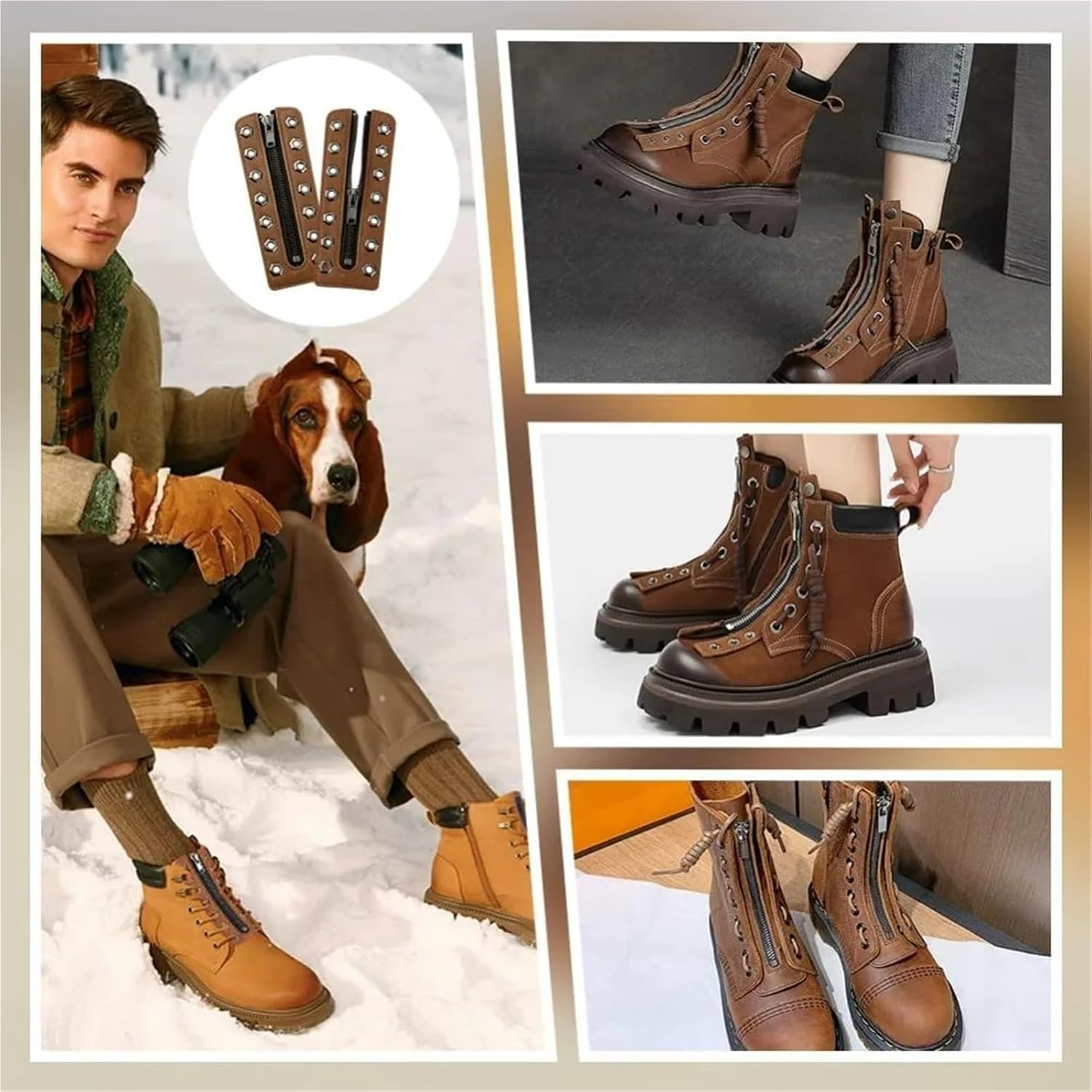 Leather Lace-in Boot Zipper Inserts 2pcs Leather Lace-In Boot Zipper Inserts 6.9x2 Inch 9 Metal Eyelets Cowhide