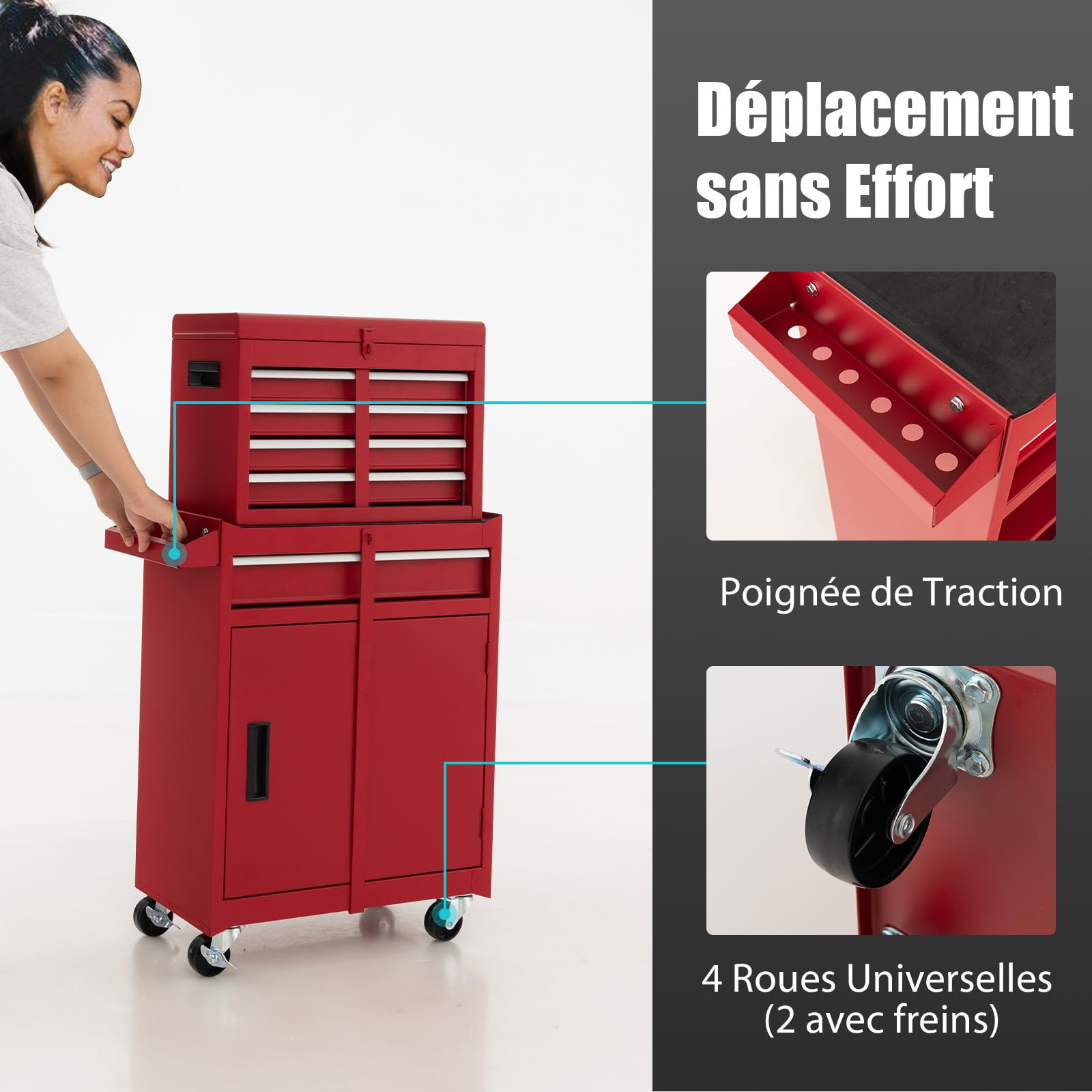GOPLUS Servante d’Atelier avec Coffre Amovible, 28 x 59 x 102CM, Caisse à Outils Roulant avec 5 Tiroir Verrouillable & Armoire à Étagère Réglable, Poignée Latérale, pour Garage, Atelier(Rouge)