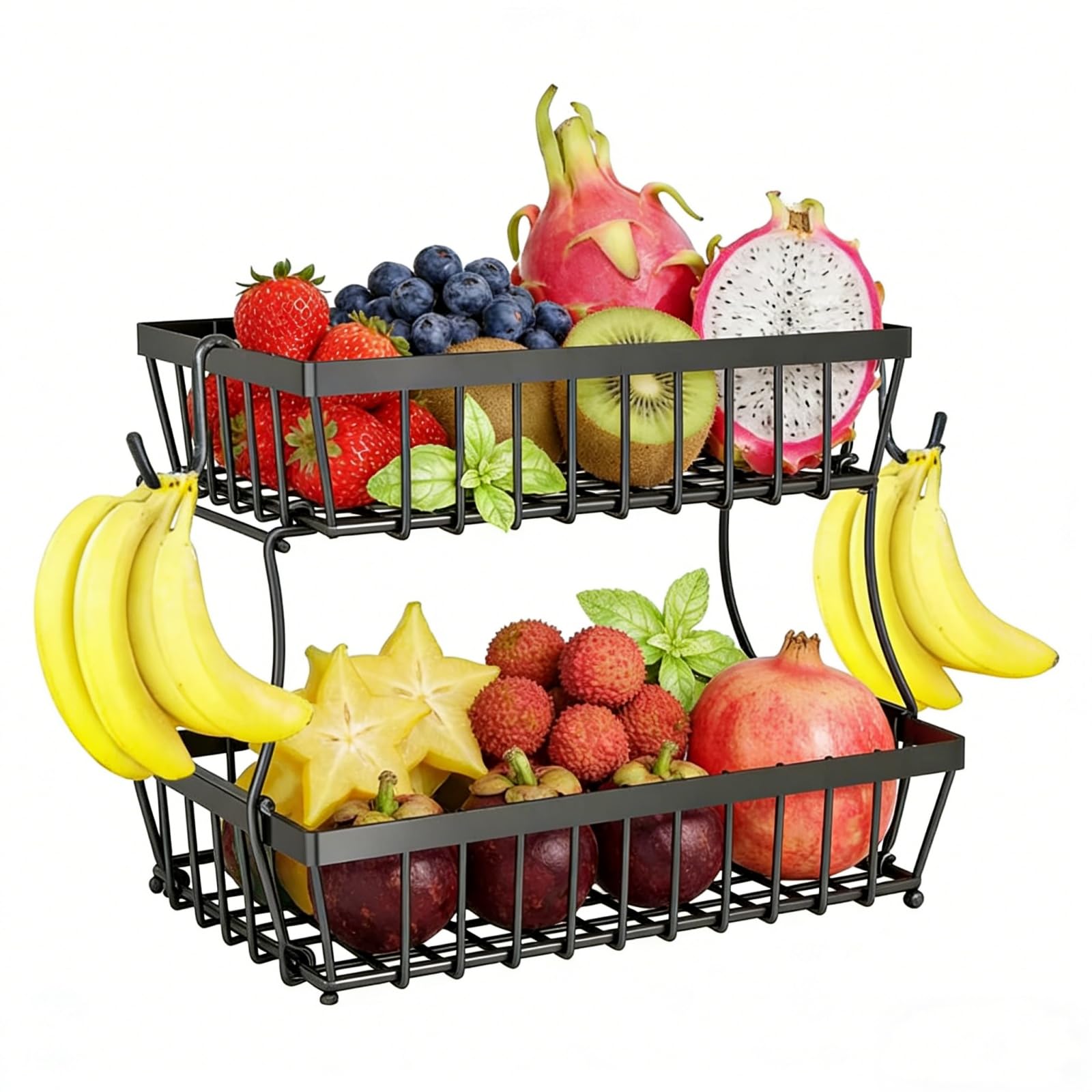 Koimiao Black 2 Tier Large Wire Fruit Basket Fruit Bowl With 2 Banana Hangers For Kitchen Counter, For Home Decor Fruits, Vegetables, Snacks, Metal Vegetable Storage Rack With Banana Holder,