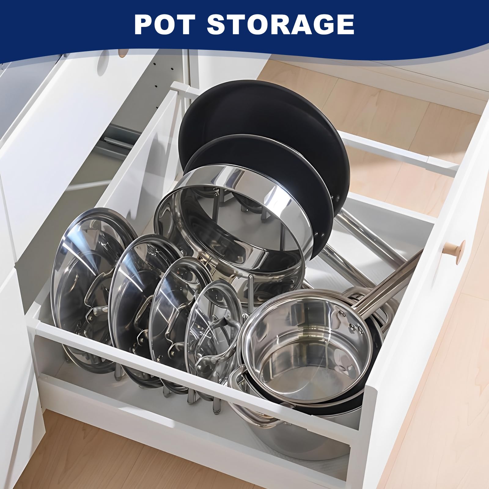 Qobobo Topfdeckelhalter Verstellbarer Deckelhalter Küche für bis zu 6 Deckel Tellerständer Pfannenhalter Schneidebrett Edelstahl Halter Topfdeckel Pfannen Deckel Organizer Schublade Küche, Haushalt & Wohnen