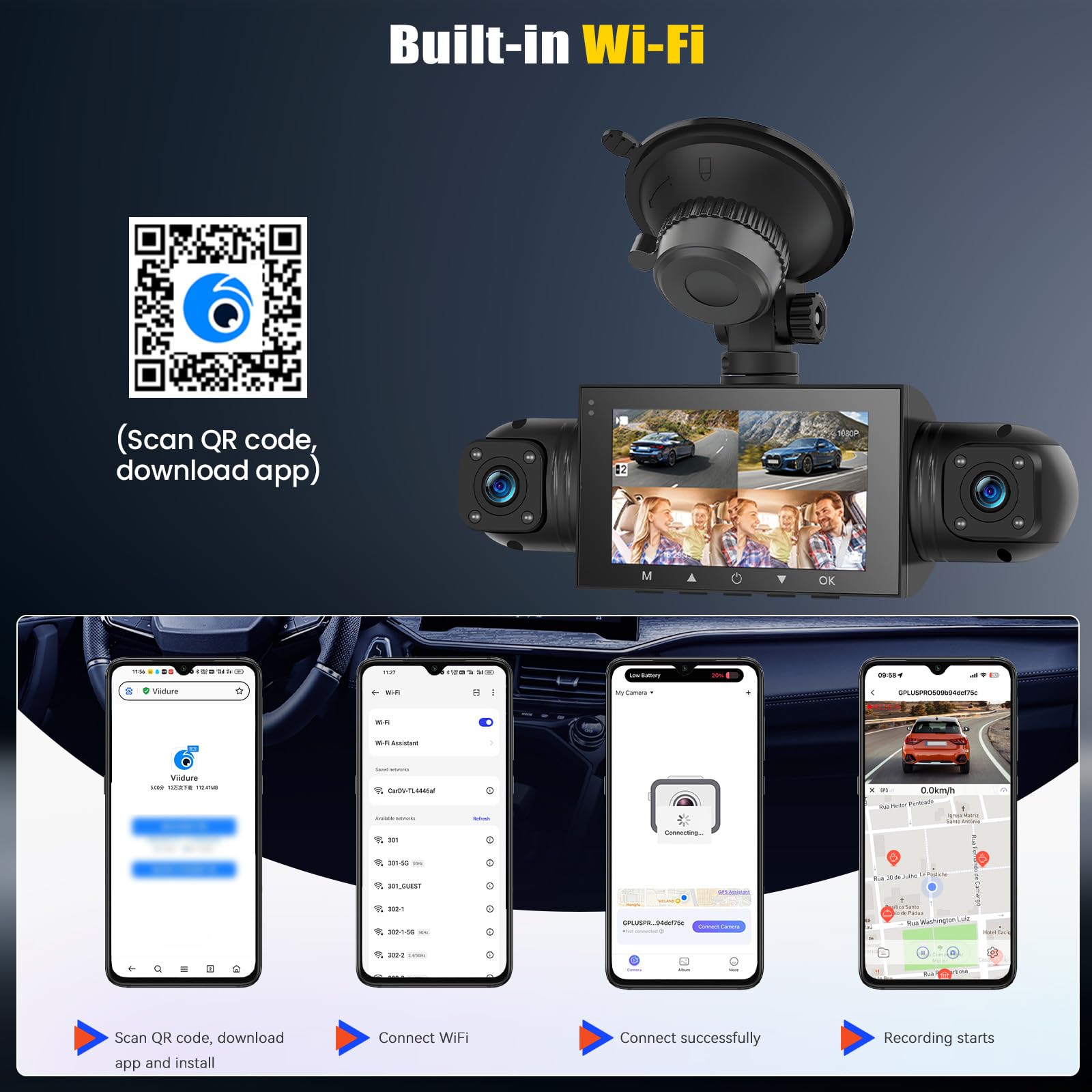 4 Canali 360° Dash Cam Auto con APP, Telecamera per Auto da 3 Pollici 1080P con Visione Notturna IR, Video in Loop, G-Sensore, Ausilio al parcheggio
