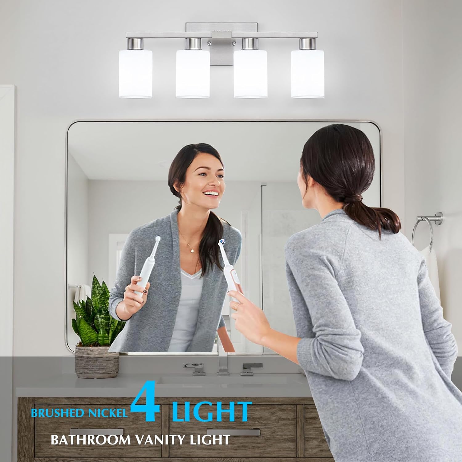 4 Light Bathroom Vanity Light Brushed Nickel Modern Bathroom Light Fixtures Nickel Vanity Lights with Eye-Friendly Milky White Frosted Glass Shades E26 Socket (Bulbs Not Included)