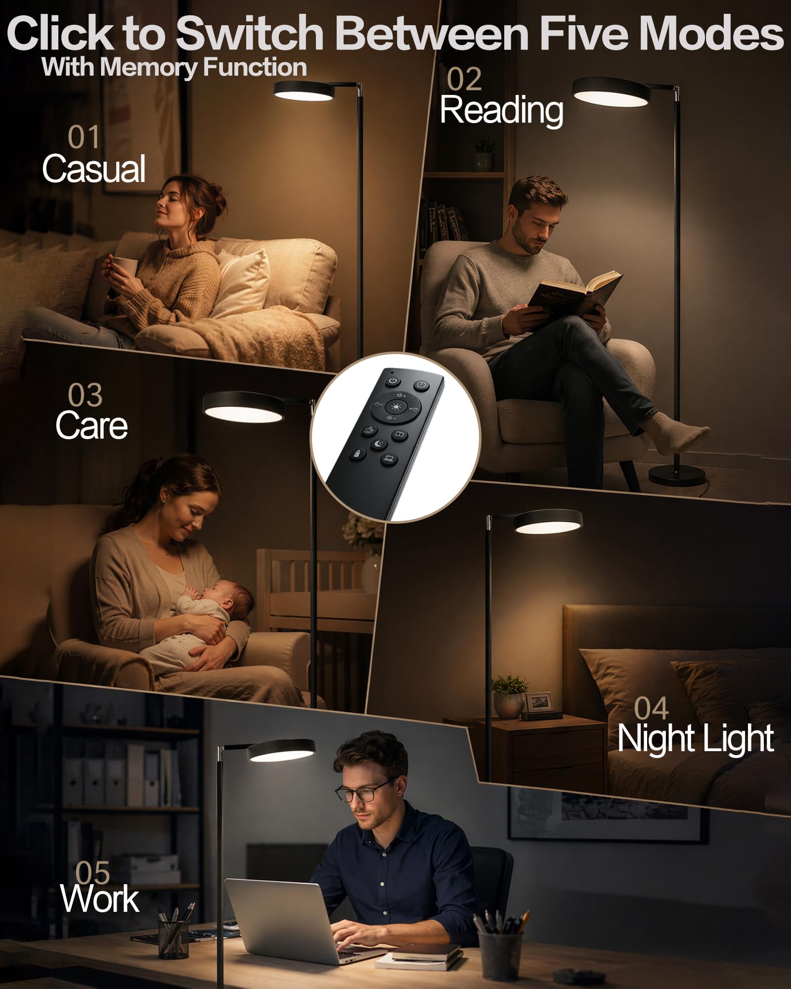 LED Stehlampe Wohnzimmer dimmbar mit Fernbedienung, Deckenfluter 163cm Höhe | 350° drehbarer Lampenkopf, Timer, Speicherfunktion, Kabel mit Fußschalter, schwarz, modern, für Wohnzimmer Schlafzimmer Büro