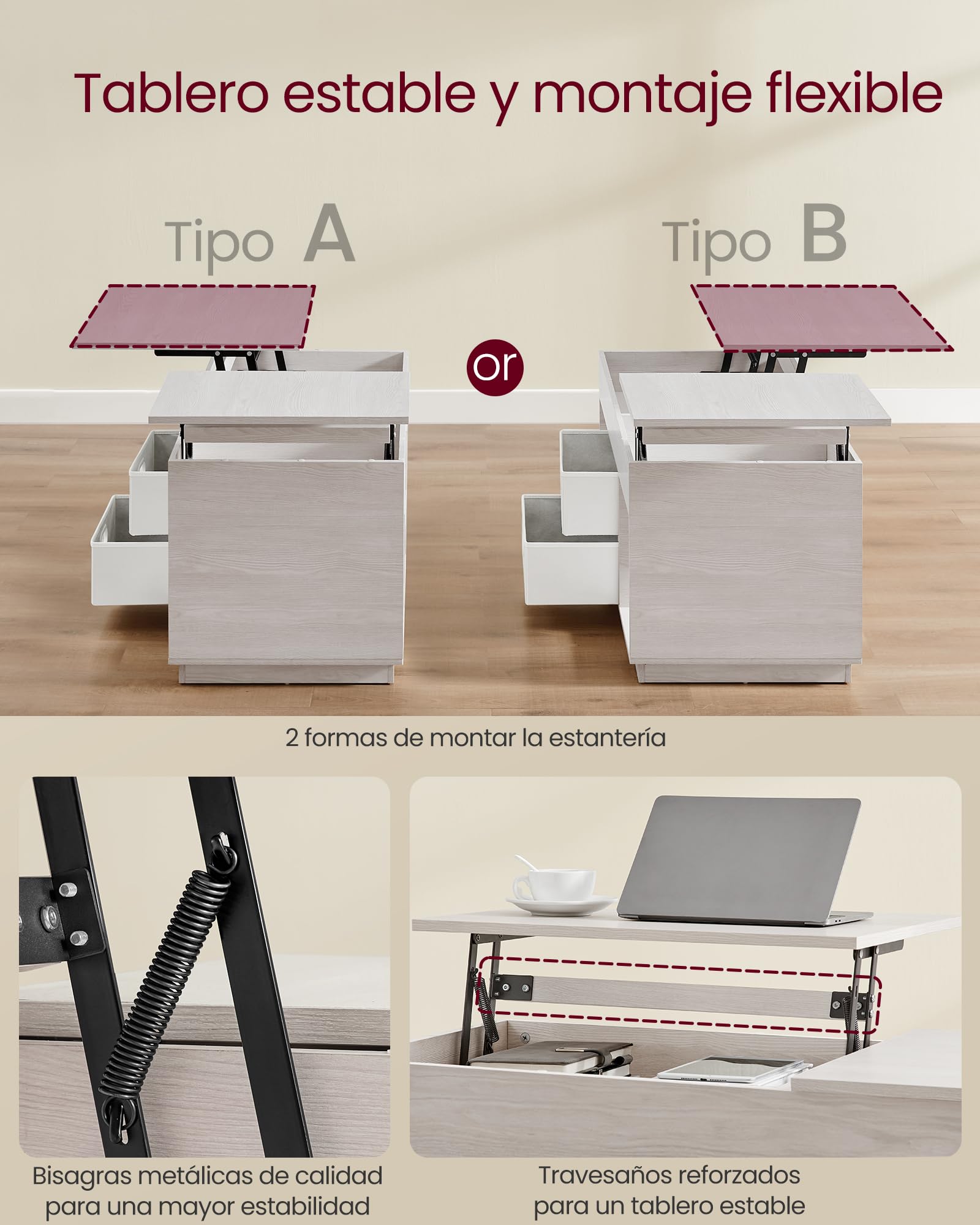 VASAGLE Mesa de Centro, Mesa de Café con Tablero Elevable, 2 Cajones y Compartimentos Ocultos, Compartimentos Abiertos, para Sala de Estar, Estudio, Beige Avena LCT210K01