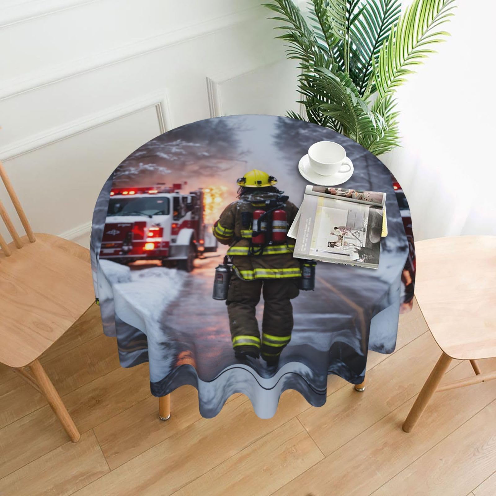 UVBDF Firefighter Fireman Flame Print Multipurpose Round Tablecloth 60in Polyester Cover for Coffee Table Kitchen Desk Home Gift