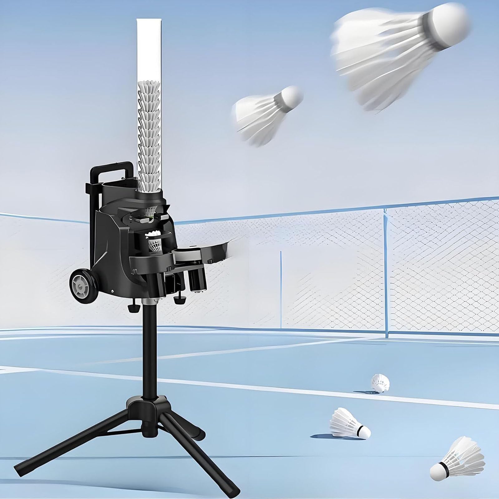 Lanzador de bádminton con control remoto y aplicación, batería recargable, capacidad para 52 volantes, ajustes ajustables para entrenamiento en solitario