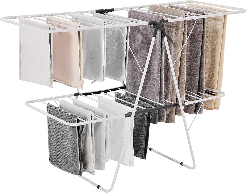Clothes Drying Rack, 2-Tier Foldable Laundry Dryer Rack with Sock Clips & 31 Dry Rods, Metal Height Adjustable Drying Racks for Outdoor & Indoor, Free-Standing & Space-Saving Hanger, White