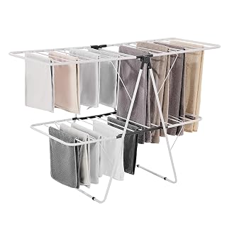 VEVOR Clothes Drying Rack, 2-Tier Foldable Laundry Dryer Rack with Sock Clips & 31 Dry Rods, Metal Height Adjustable Drying Racks for Outdoor & Indoor, Free-Standing & Space-Saving Hanger, White - Amazon product rated Grade A