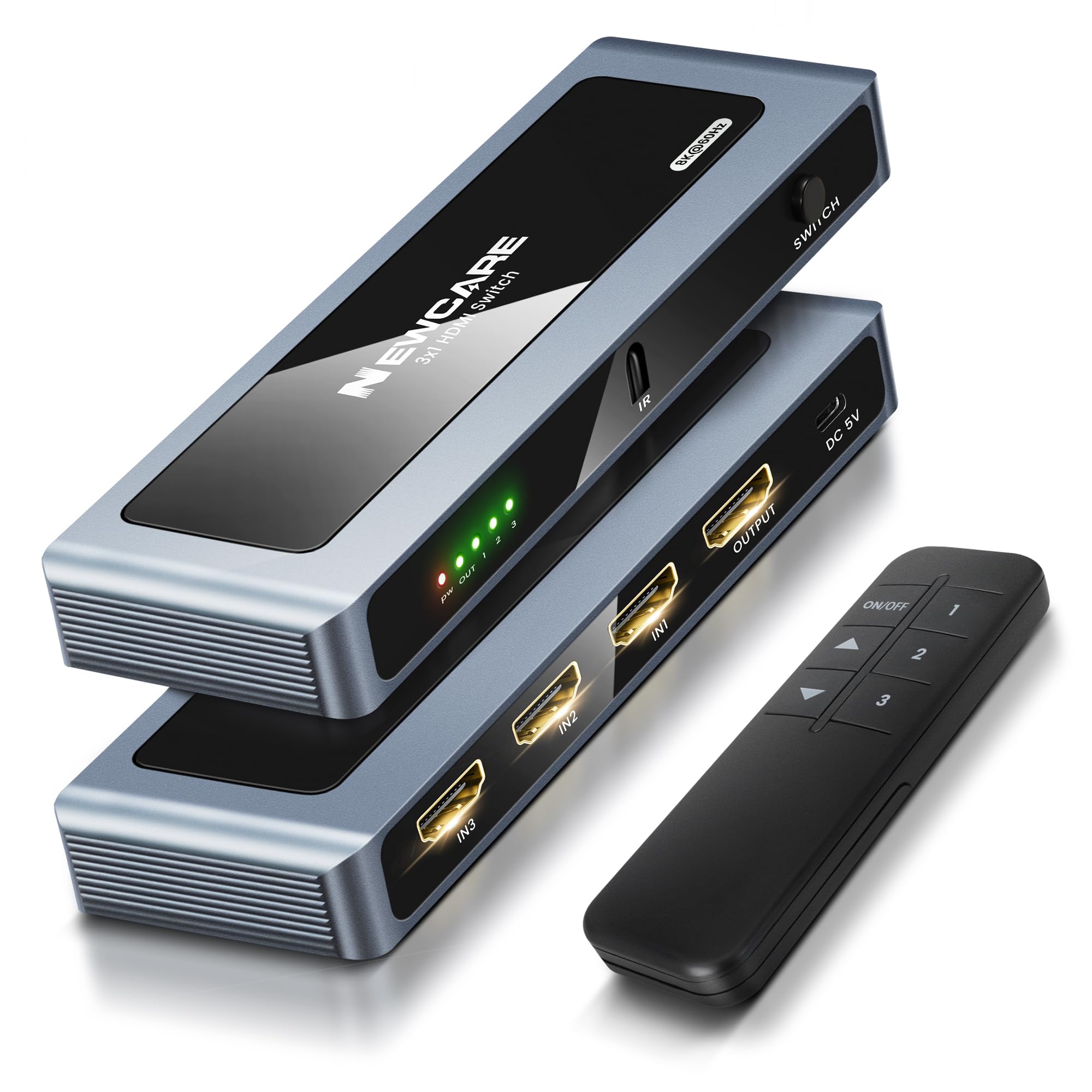 NEWCARE 8K HDMI Switch 3 wejścia 1 wyjście, 4K@120Hz aluminiowy przełącznik HDMI 3 wejścia 1 wyjście z pilotem, 3 porty HDMI Switcher Obsługuje 8K@60Hz 48Gbps HDR10+ VRR