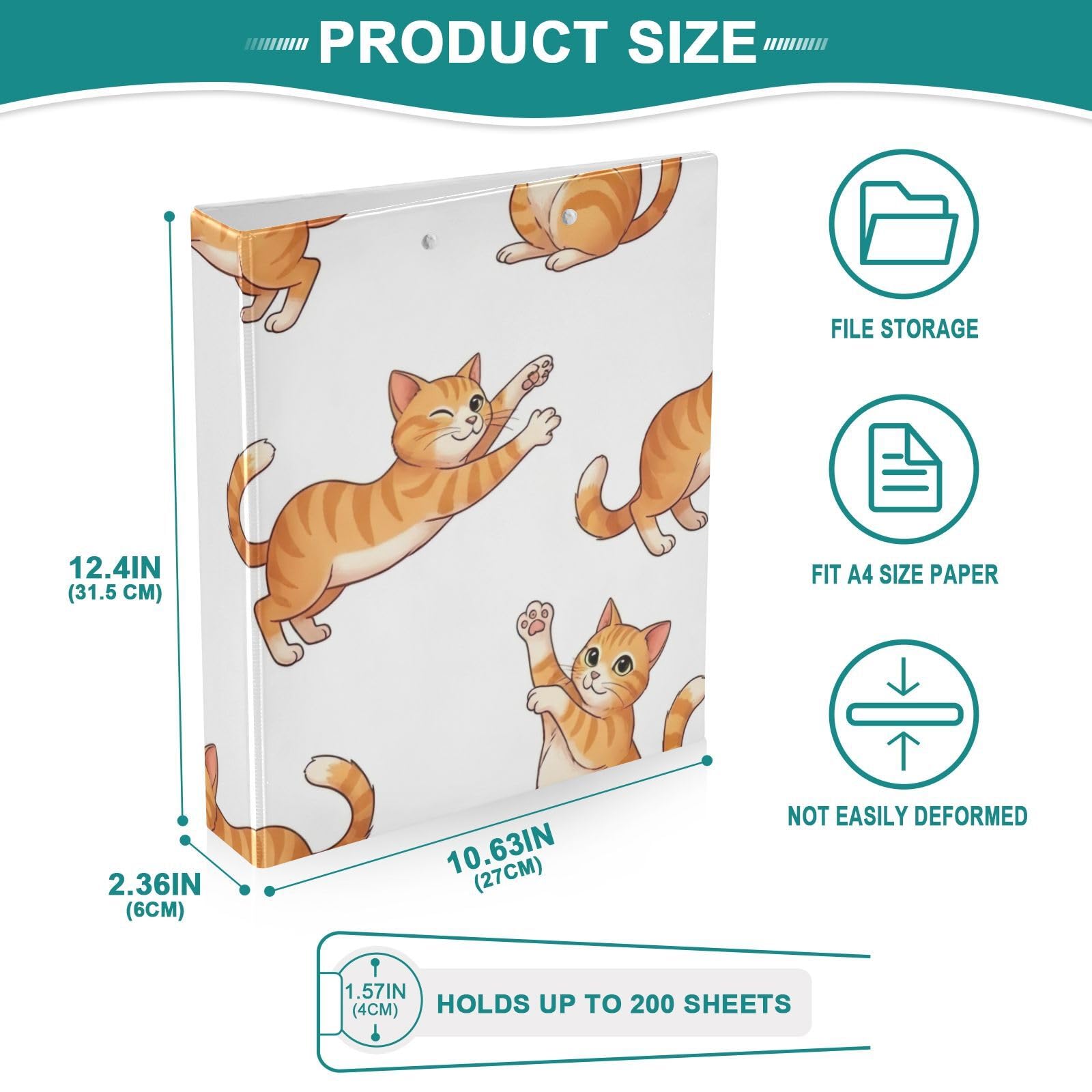 Raccoglitore a tre anelli stampato, raccoglitore ad anelli a D con tasche, raccoglitore decorativo per scuola, università o ufficio, simpatico gatto arancione bianco