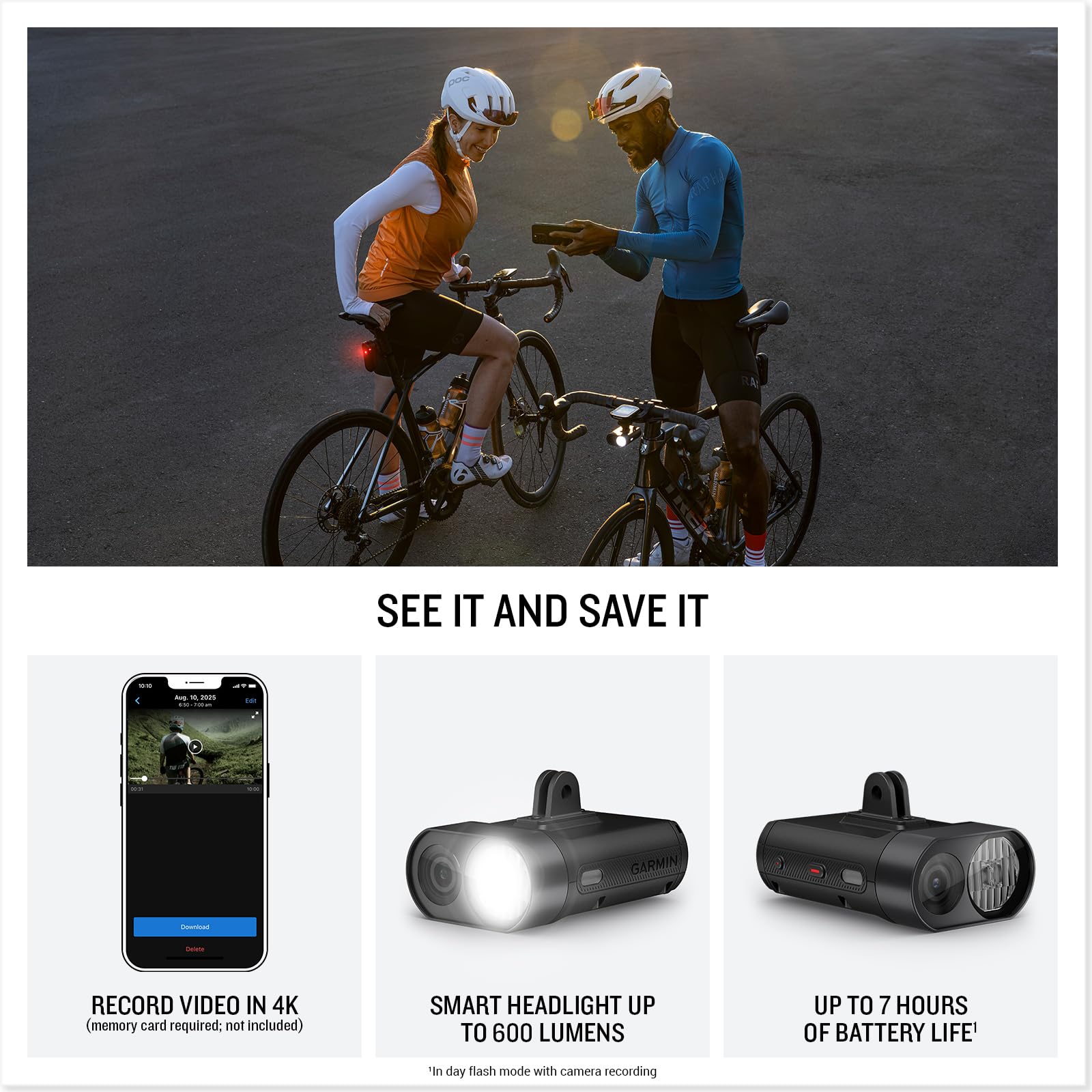 Garmin Varia Vue Luz Frontal para Ciclismo con Cámara 4K, guarda automáticamente las grabaciones, detección de incidentes, hasta 600 lúmenes, iluminación lateral, control automático de brillo