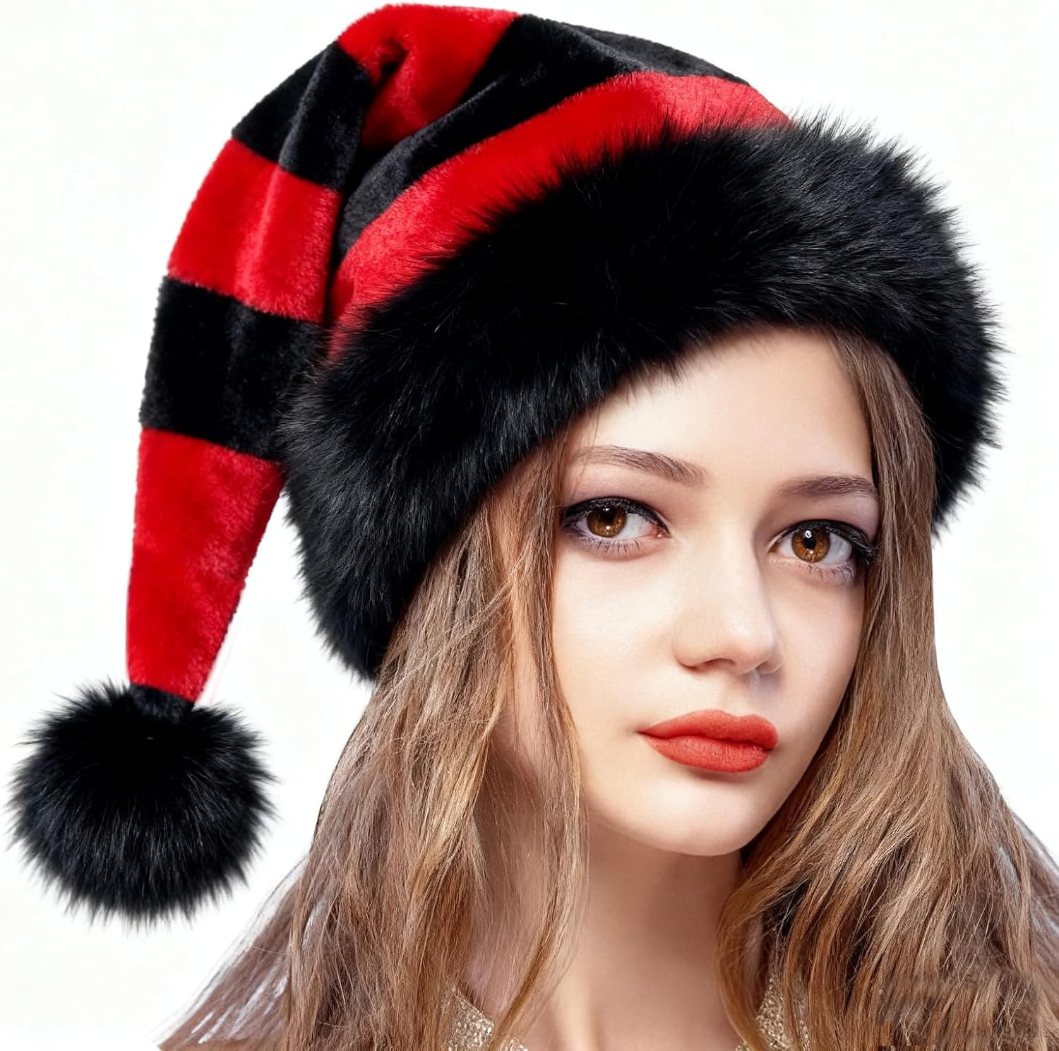 Black and Red Santa Hat for Adults,Plush Christmas Purple Hat for Christmas Gifts New Year - Image 3