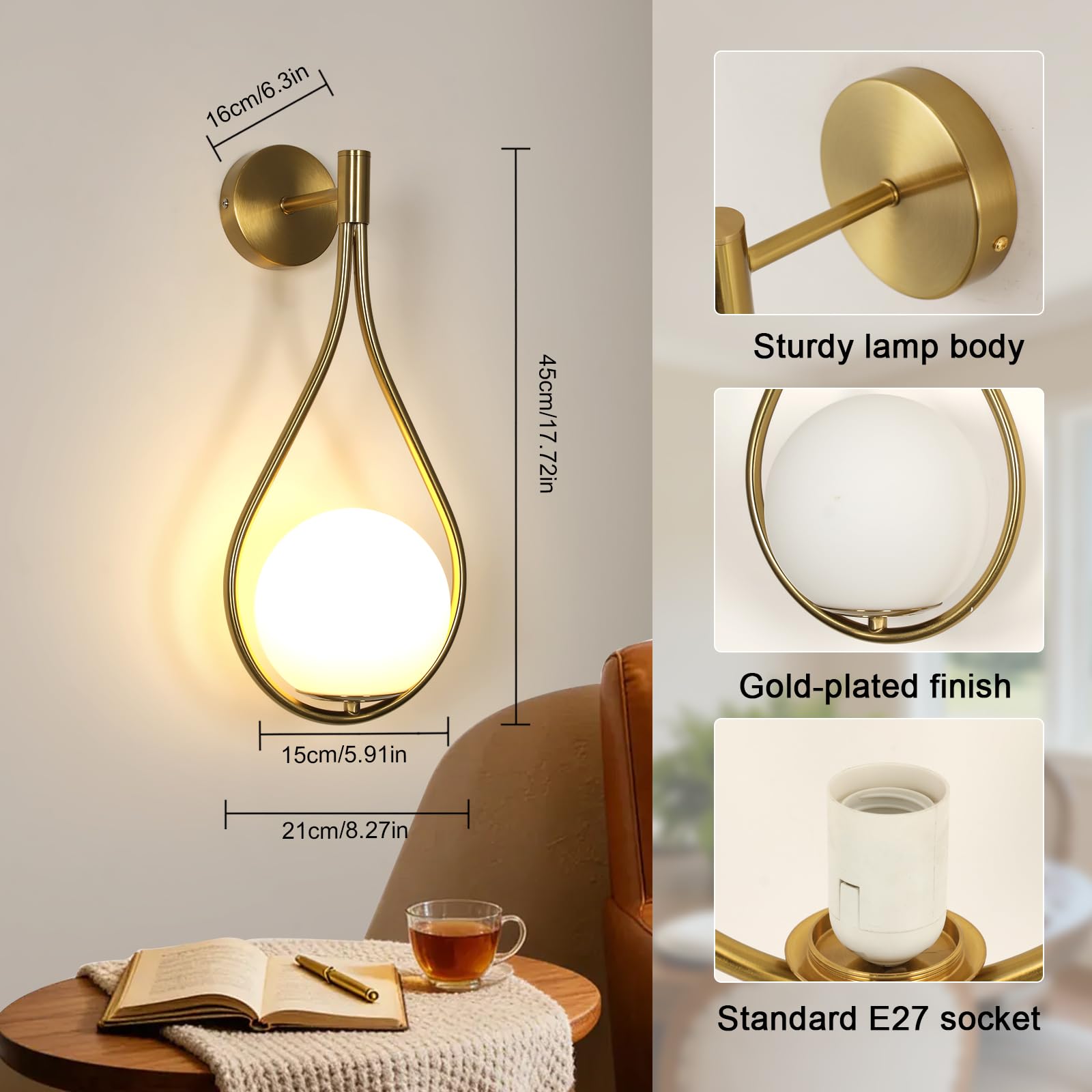 Comely Wandleuchte Innen Glas, Tropfenförmige E27 Wandleuchte Kugel | 45CM Wandlampe Innen Modern für Wohnzimmer Schlafzimmer, Flur, Treppenhaus