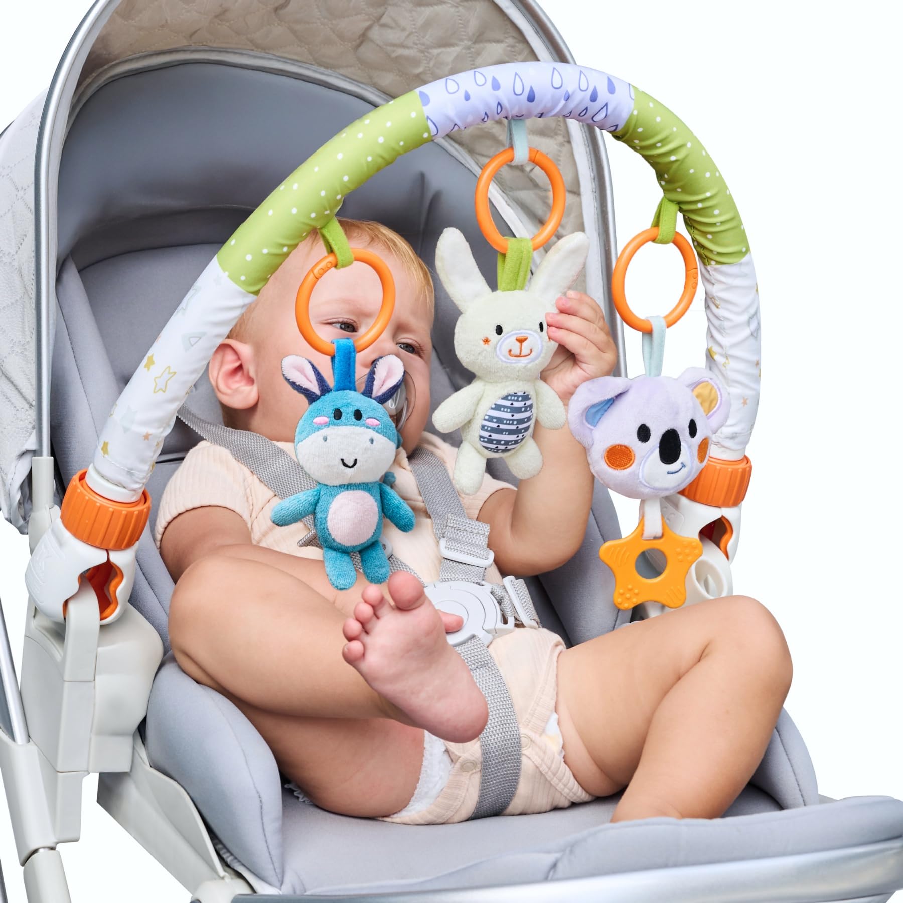 TUMAM Arche Eveil Jouet Poussette pour Bébé 0-3 6-9 Mois, Bebe Jeux Eveil Suspendu D'activité avec Hochet Et Anneaux De Dentition pour Auto, Stroller Arch, Berceau - Peluche Animaux Hochet Cadeau