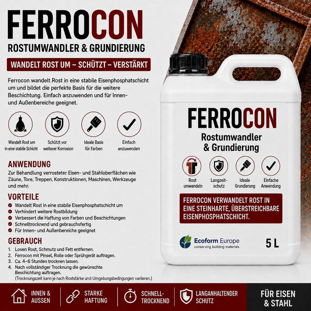 Ecoform Ferrocon 2,5 Liter (ca. 20 m²) Rostumwandler & Rostentferner – Für Eisen, Stahl und Kupfer – Reinigt Rost, Flugrost und Kupferkorrosion