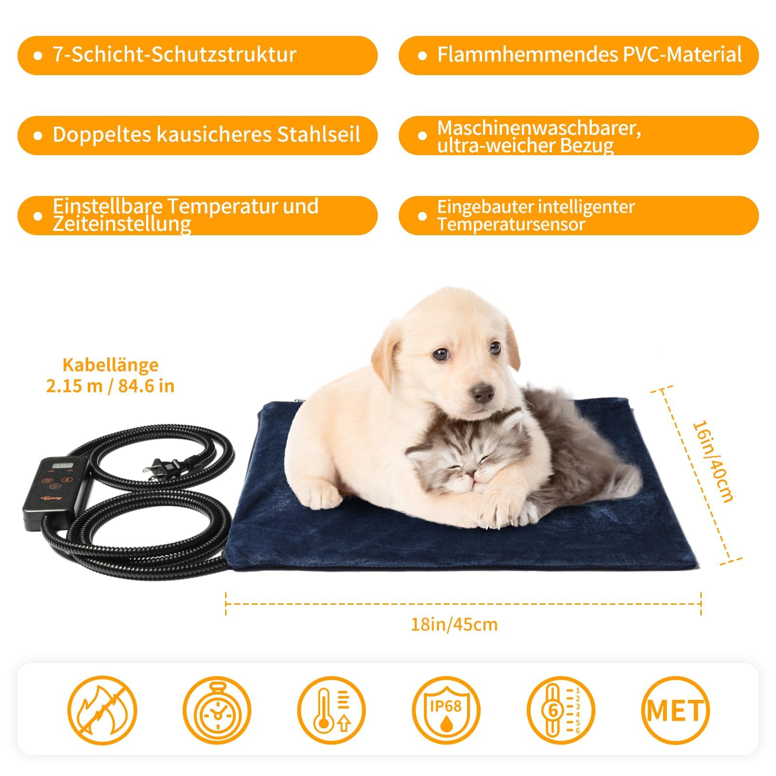 Toozey Katzen & Hund Heizmatte Innen 45 * 40cm, Timing & Temperatur Einstellbar Sicher Elektrisch Haustier Heizdecke, Weicher Wärmedecke für Neugeborene/Klein/Altere Katze und Hund, Blau - S