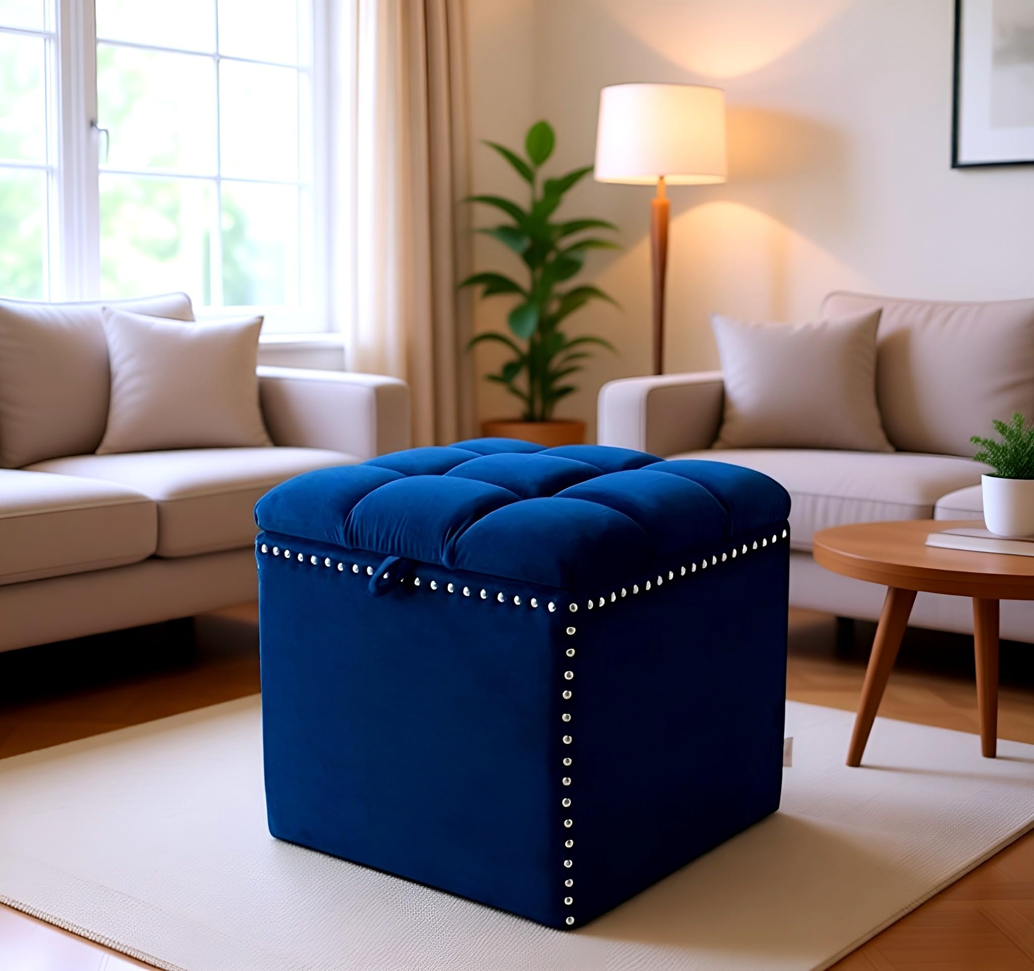 Multipurpose Foldable Storage Bins Box Ottoman Coffee Table Bench Cushion Seat Lid Cube Space Saving Storage Box Foot Rest for Bedroom Living Room Books - Blue [ Pack of 1]-image-43