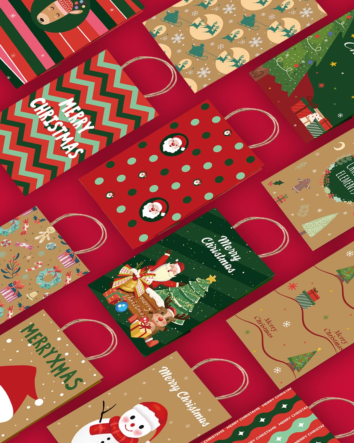 Bolthy Mid 24PCS Christmas Gift Bags 8" L × 4.25" W × 10.5" H - 12 Assorted Designs Kraft Paper Gift Bags, Eco-Friendly Durable Sac Cadeau for Holidays, Party Favors & Decorative Packaging