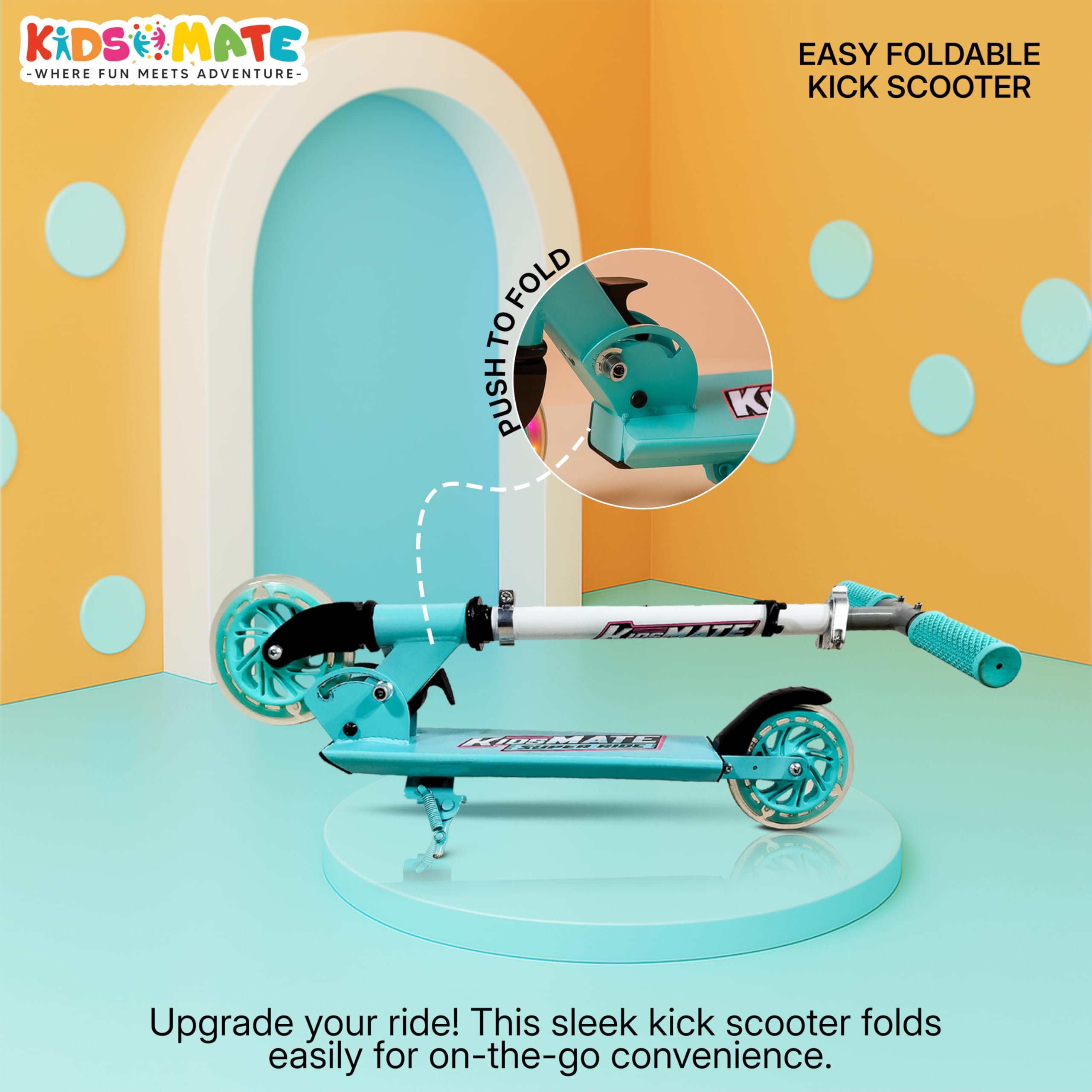 Kidsmate Super Metal Kick Scooter with LED Flashing Wheels | Fun Ride with 4 Level Height Adjustable & Anti-Slip Deck | Easy to Fold & Lightweight Kids Scooter for Boys & Girls 3+ Yrs - Sea Green 3