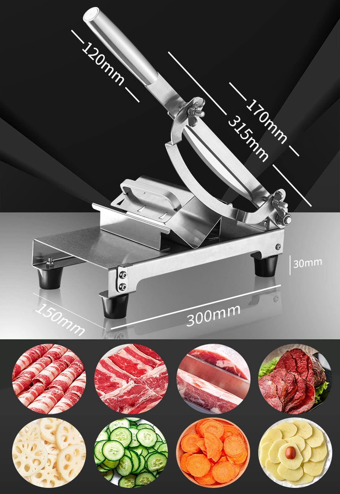 Affettatrice Manuale Salumi per Verdure Manzo e Montone Macchina in Acciaio Inox da Taglio Carne Congelata Spessore della Fetta Regolabile da 0.2-8mm, Nessuna Ruggine, Facile da Pulire