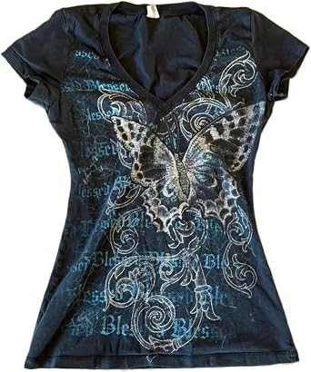 Grunge Shirt 2000s Clothing Teen Girls Women Vintage Graphic Y2k Short Sleeve Goth Tee Emo Clothes Streetwear