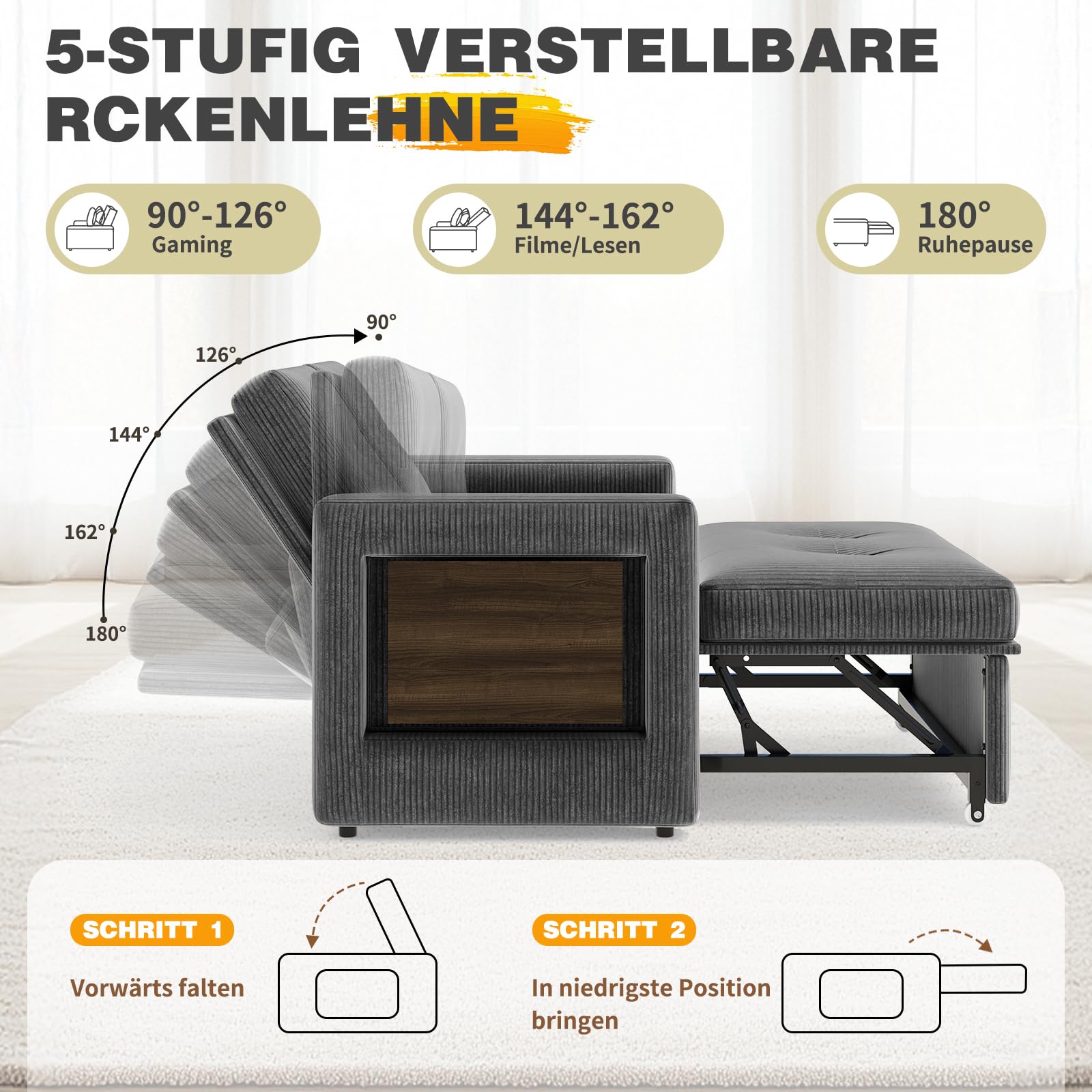 YOUDENOVA Schlafsofa mit 5-stufig Verstellbarer Rückenlehne, 2 Sitzer Sofa mit Schlaffunktion, Sofa Bed mit Tisch, Schlafcouch mit Bettfunktion, Couch Ausziehbar, 177x135 cm, Cord Grau
