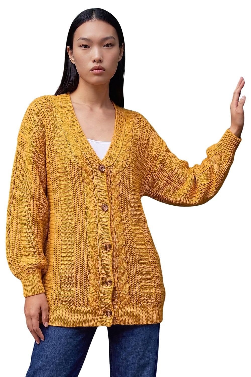 Roman Originals Women's Amber Roman Chunky Knitted Cardigan With Pockets - Oversized Longline Loose Casual Soft Cable Knit Knitwear Autumn Winter Wool Boho Comfortable Day Cardigans - Size 16