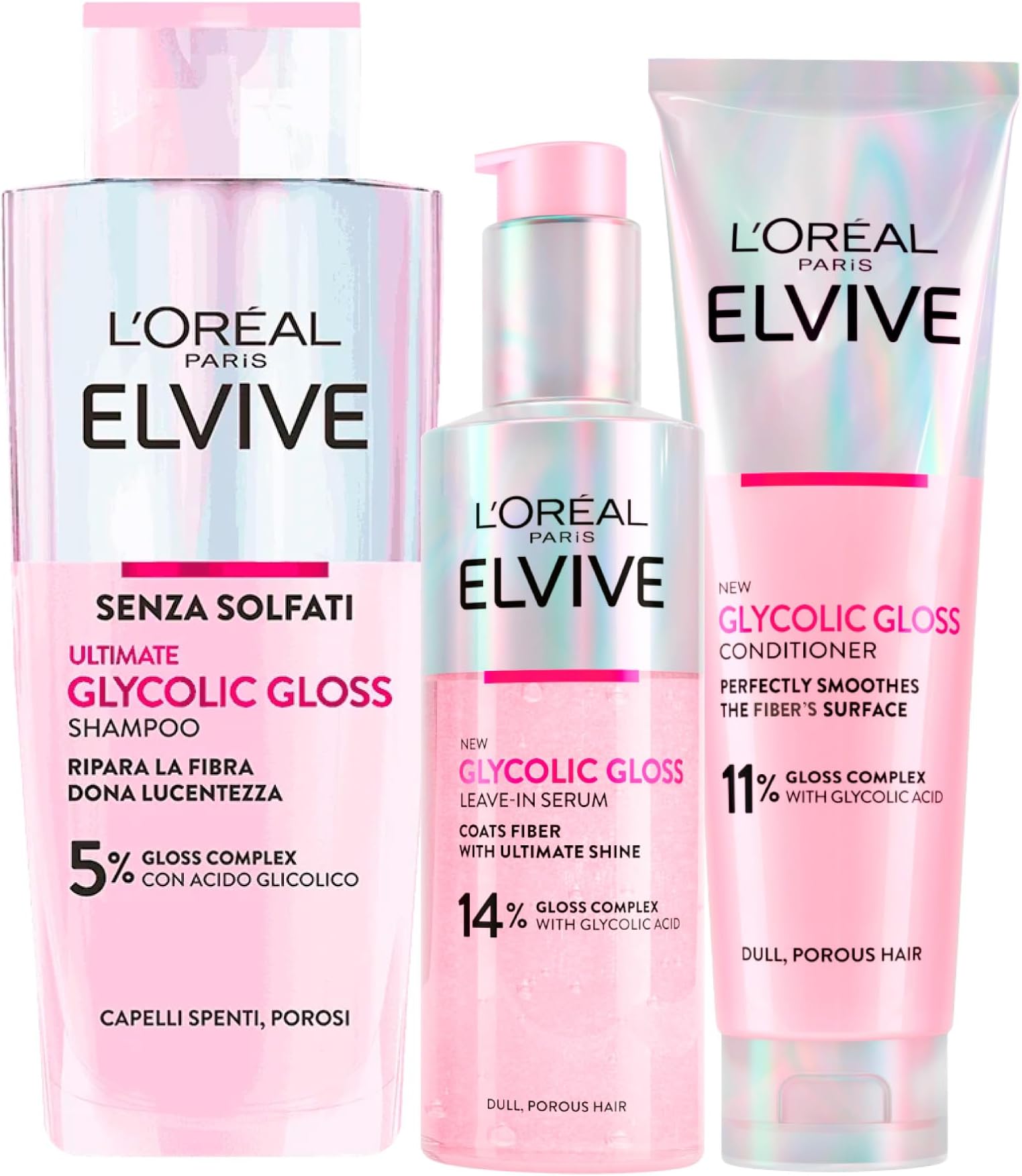 L'Oréal Paris Elvive Glycolic Gloss Conditioner + Shampoo + Rinsing Serum Set for Dull and Porous Hair, Elvital Glycolic Shine, Intense and Long-Lasting Shine, 3 Bottles