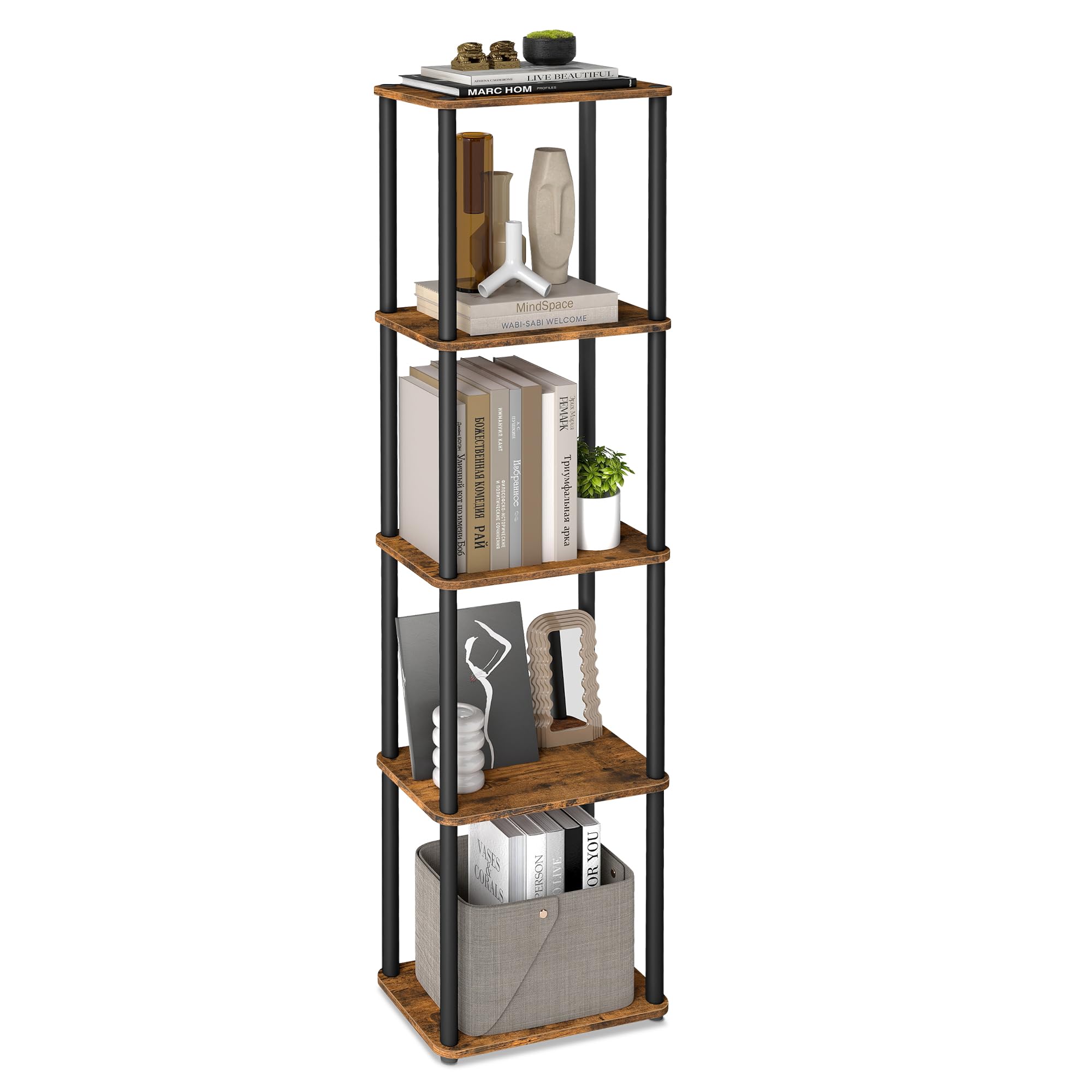 VASAGLE Superfast Toolless Assembly, 5-Tier Storage Shelf, Standing Shelving Unit, 38 x 23.8 x 139 cm, Living Room, Bedroom, Kitchen, Rustic Brown and Ink Black LLS135K01