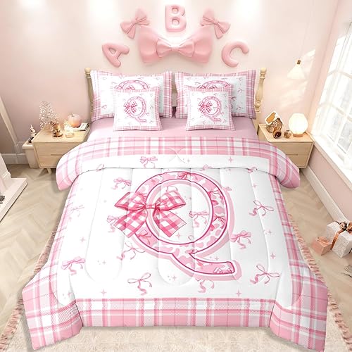 Erosebridal Cute Pink Bows Comforter Set 7 Piece Bed in A Bag Twin,Dreamy Initia